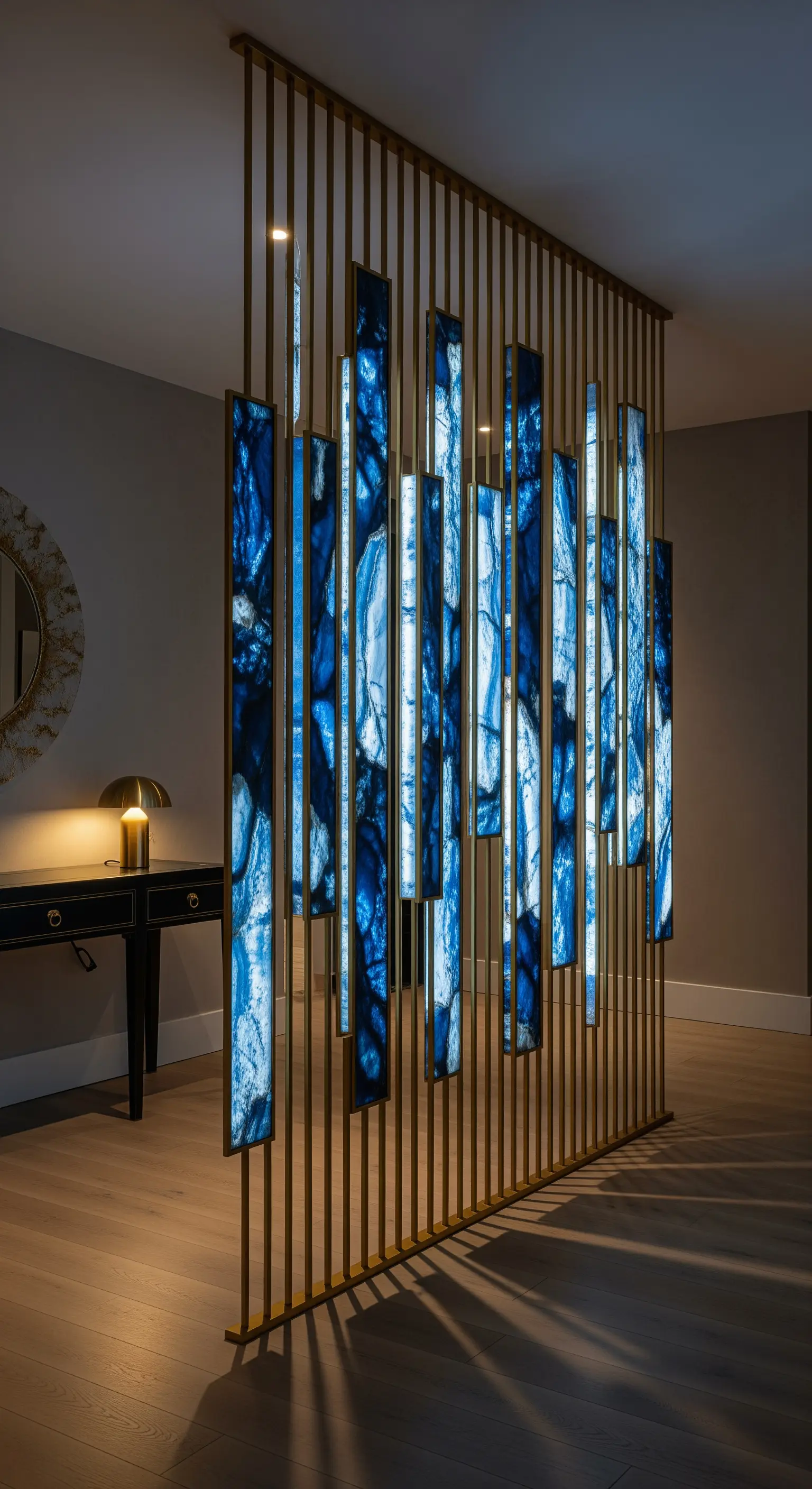 Divisorio in metallo dorato con pannelli verticali di pietra blu retroilluminati.