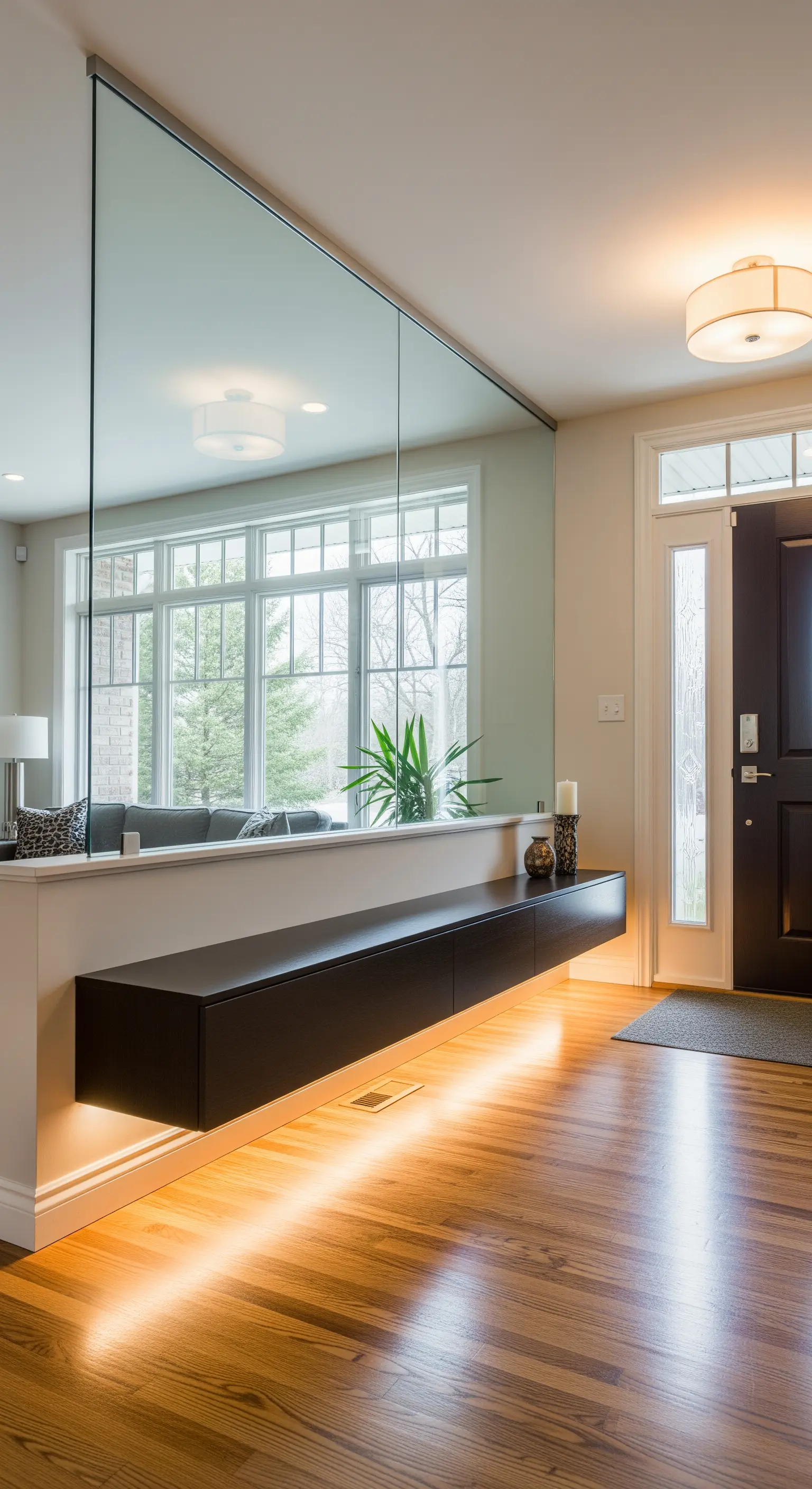 Consolle scura sospesa su un muretto basso sormontato da un grande specchio senza cornice.