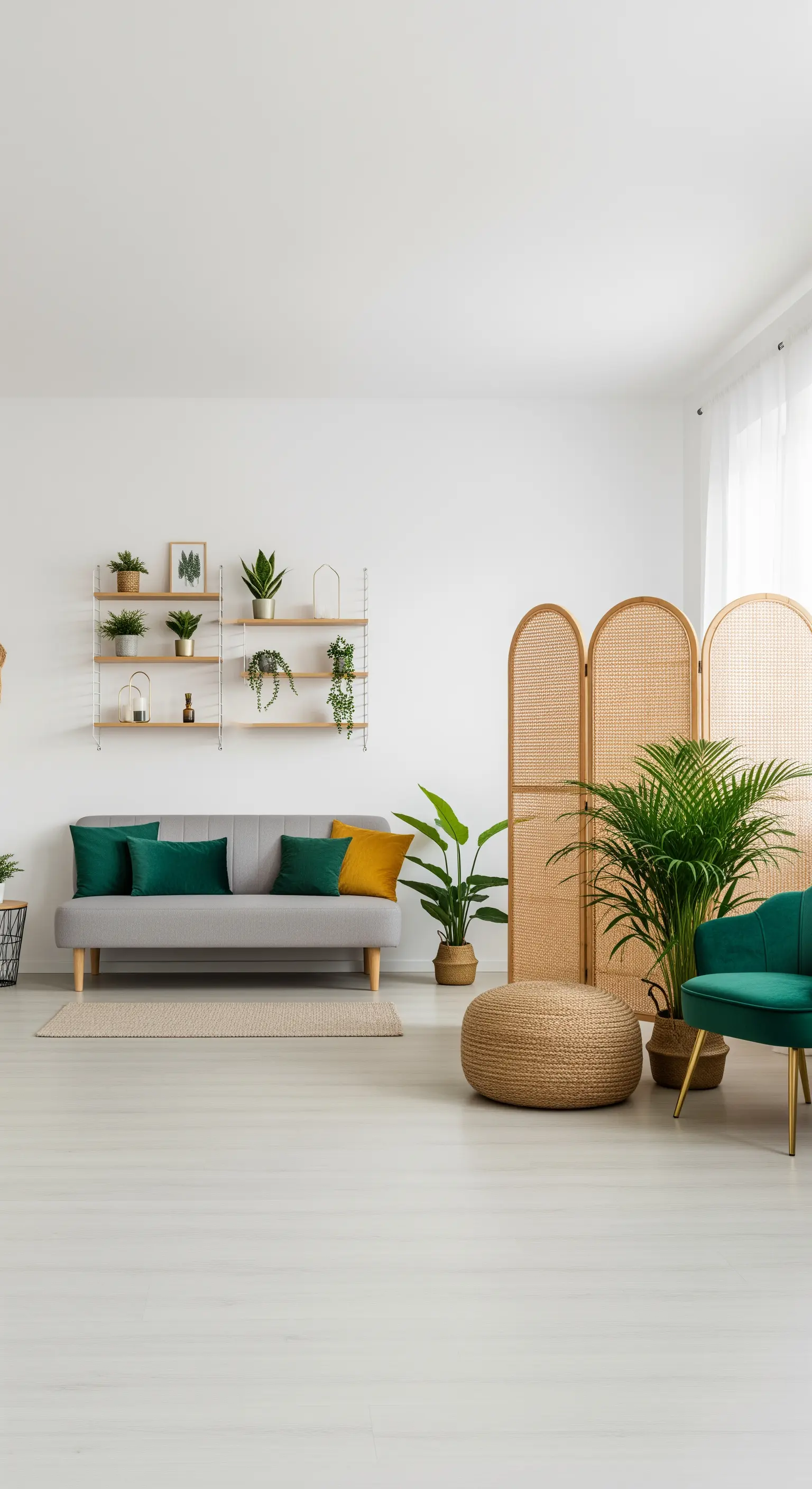 Soggiorno minimalista con paravento in rattan che separa l'area relax.