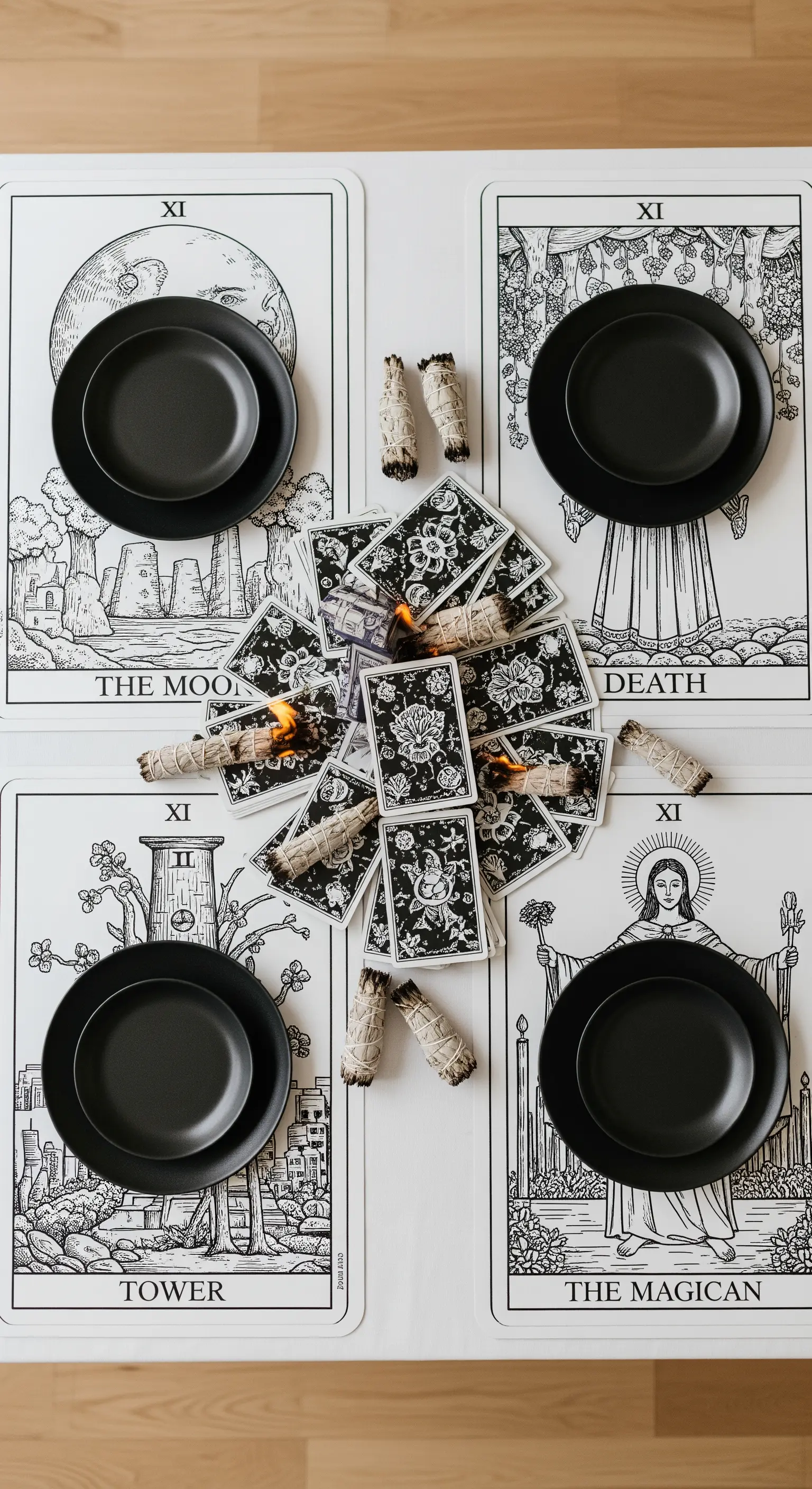 Apparecchiatura con carte dei tarocchi usate come tovagliette e centrotavola.