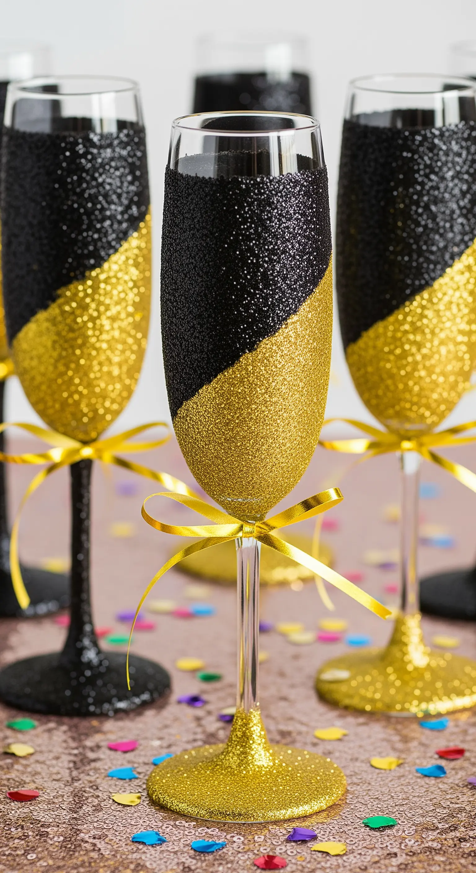 Flûte da champagne con decorazione diagonale a due colori: glitter nero e oro.