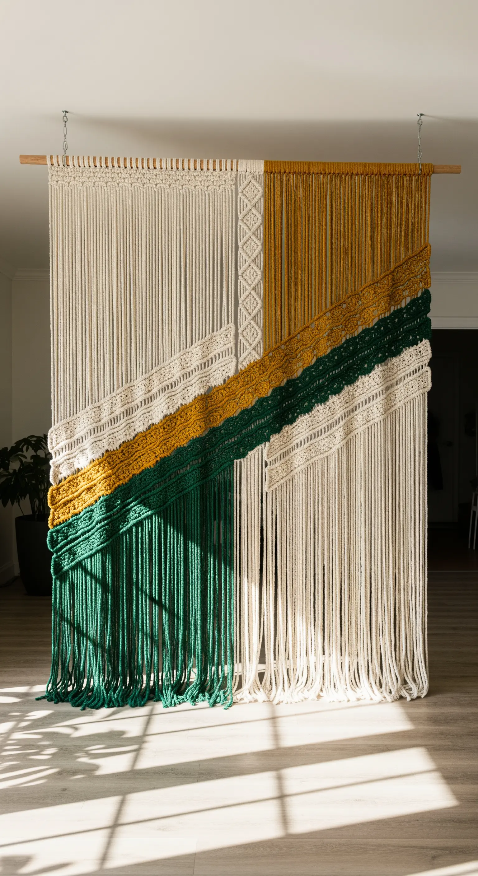Grande pannello in macramè usato come divisorio, con una fascia diagonale verde e ocra.