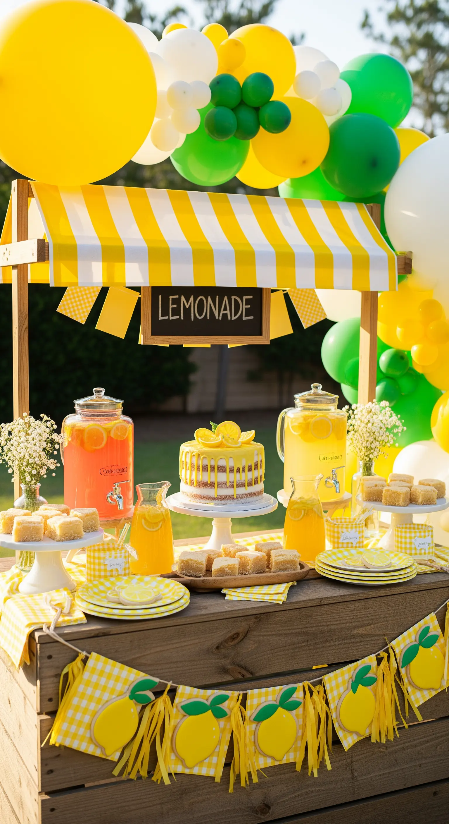 Chiosco di limonata con torta, dispenser di bevande e decorazioni gialle e verdi a tema limone.