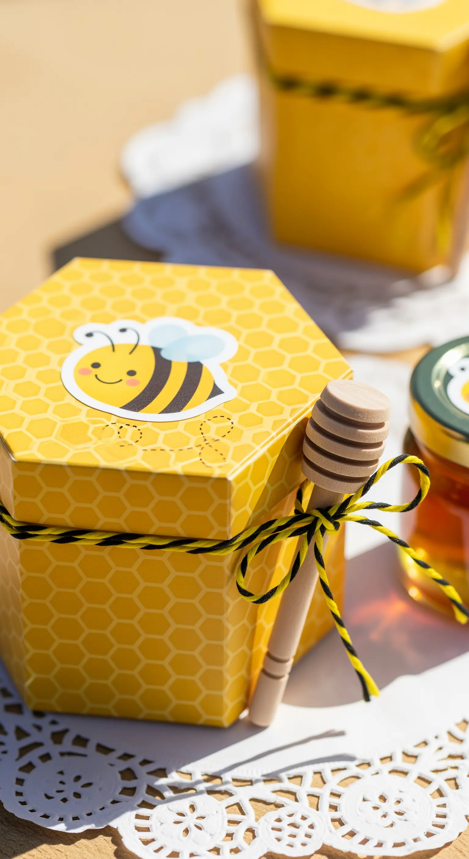 Scatolina esagonale gialla a tema api, con un vasetto di miele e un piccolo spargimiele.
