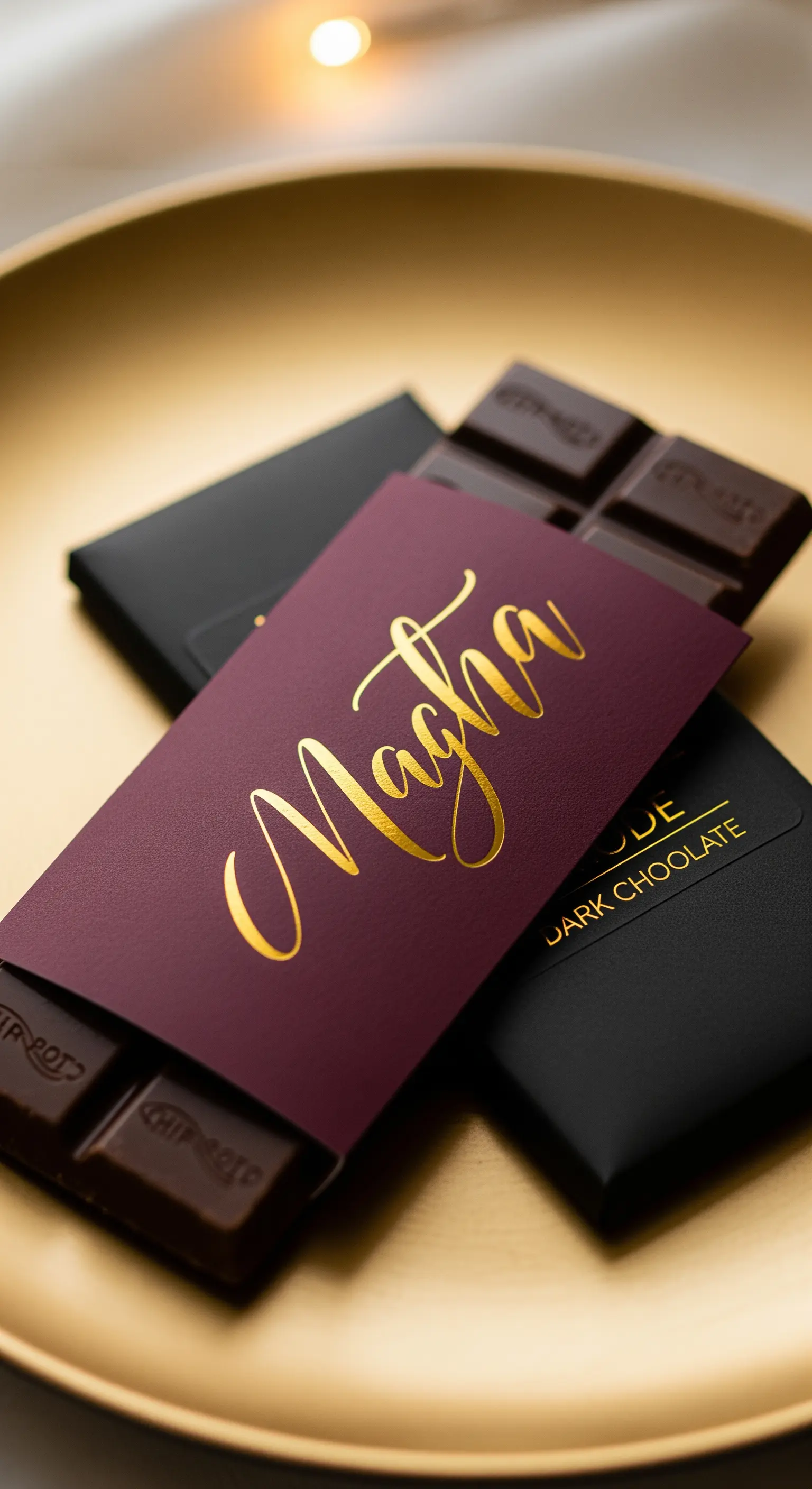 Tavoletta di cioccolato fondente con una fascetta color vinaccia e un nome in calligrafia dorata.