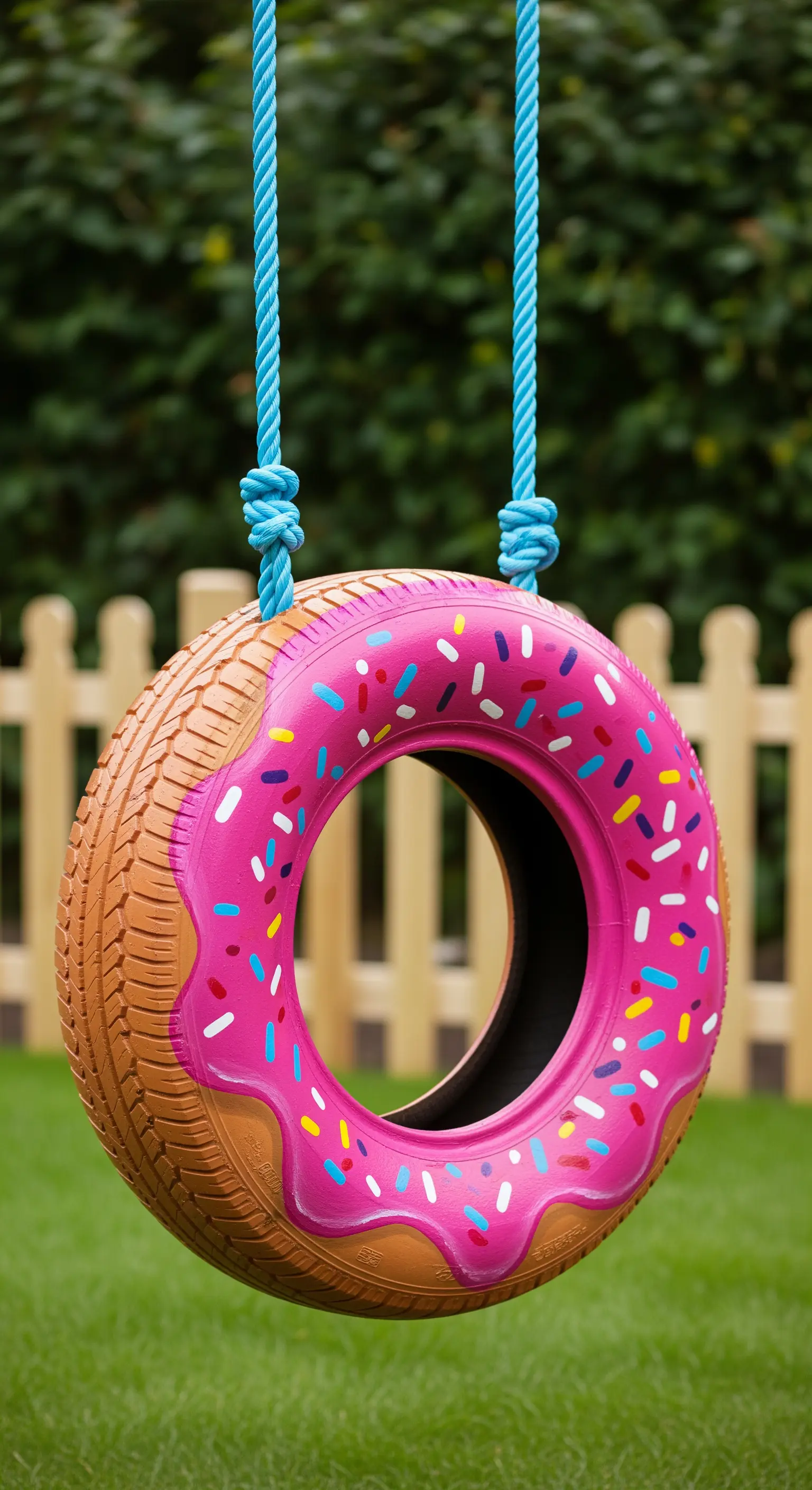 Pneumatico dipinto come una ciambella rosa con zuccherini colorati, usato come altalena.