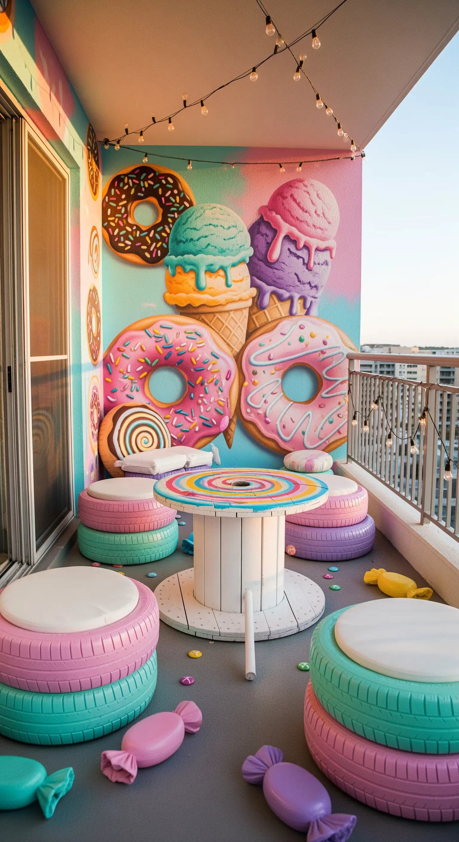 Balcone con murale a tema dolci, pouf colorati ricavati da pneumatici e un tavolino a rocchetto.