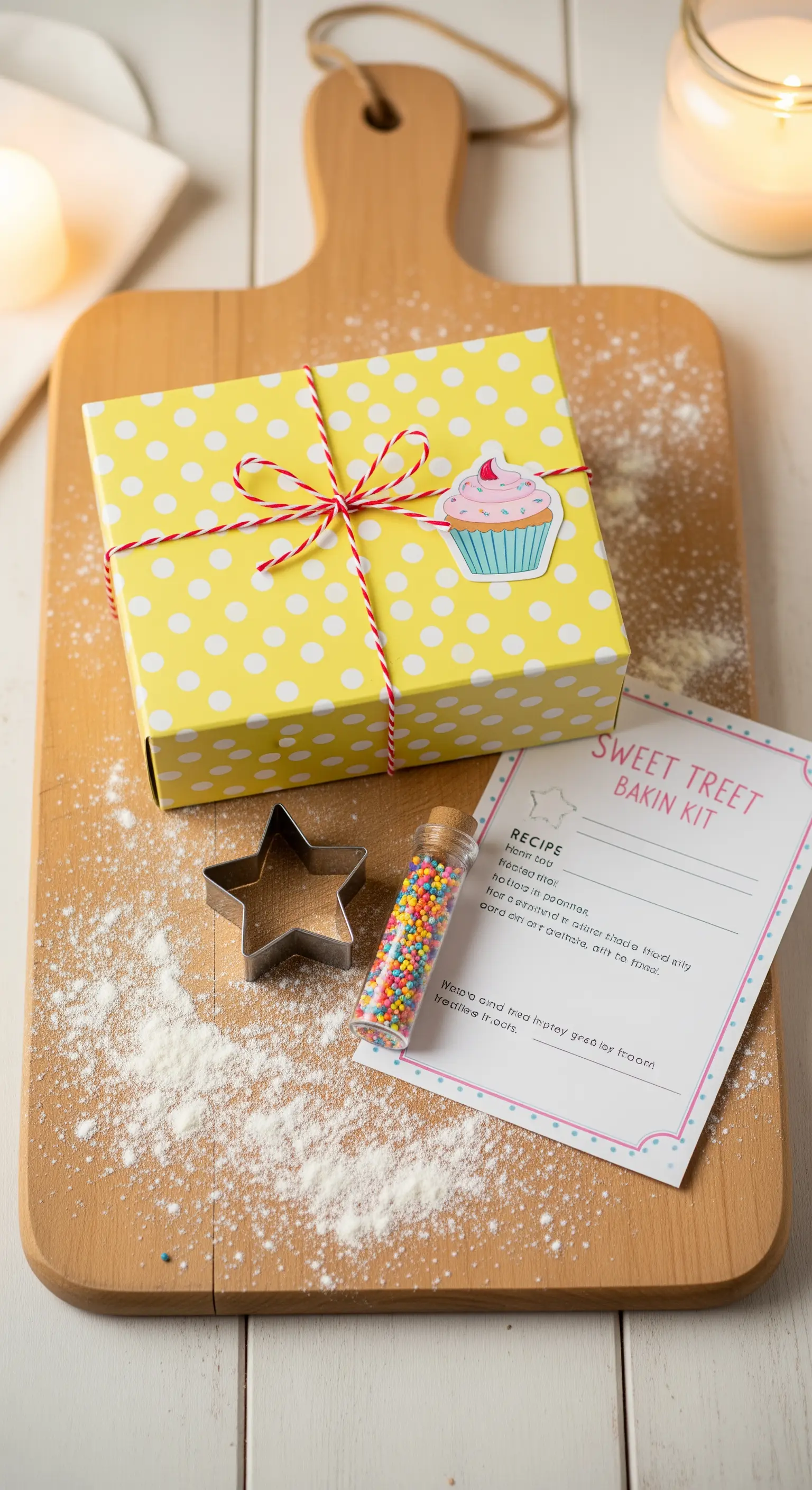 Kit per dolci per bambini con scatola a pois, formina e zuccherini colorati.