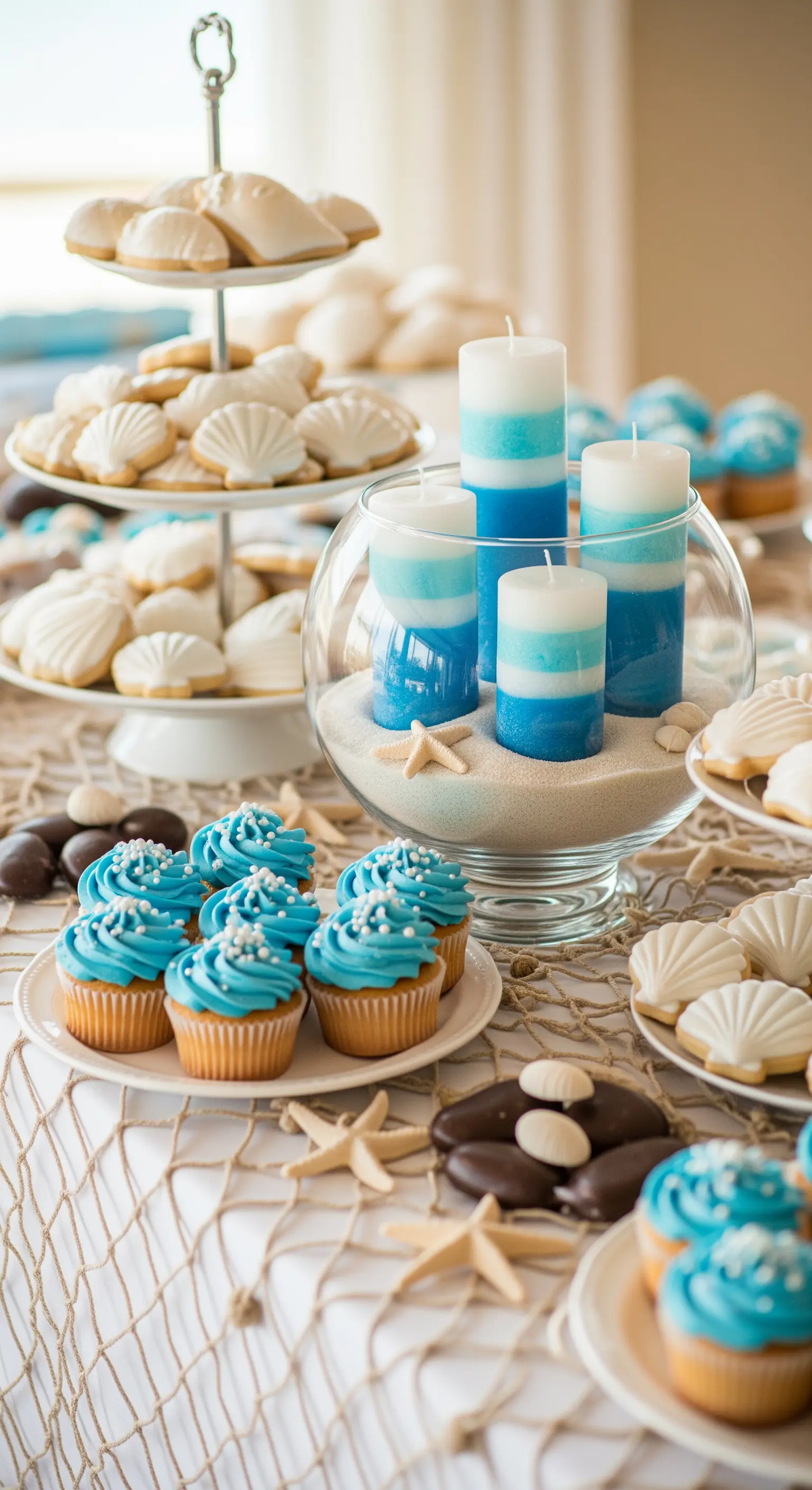 Sweet table a tema marino con cupcake, biscotti a forma di conchiglia e candele a strati