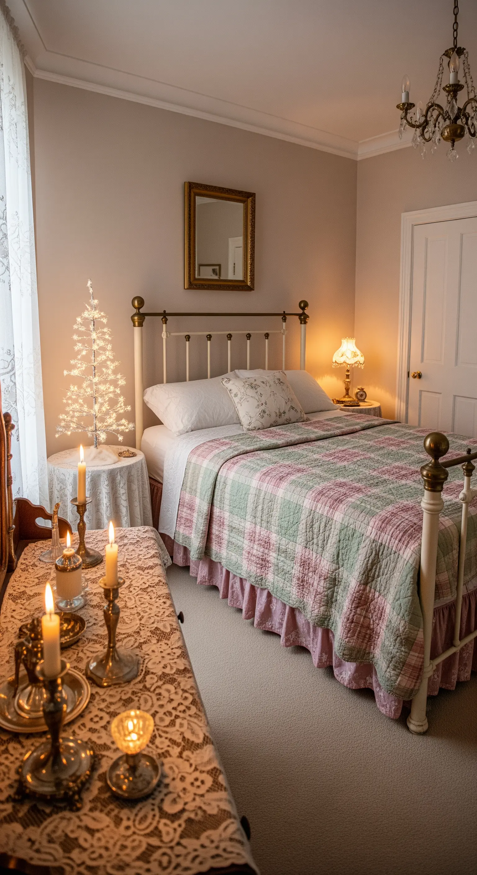 Camera da letto vintage con trapunta a quadri rosa e verde, pizzi e un piccolo albero luminoso.