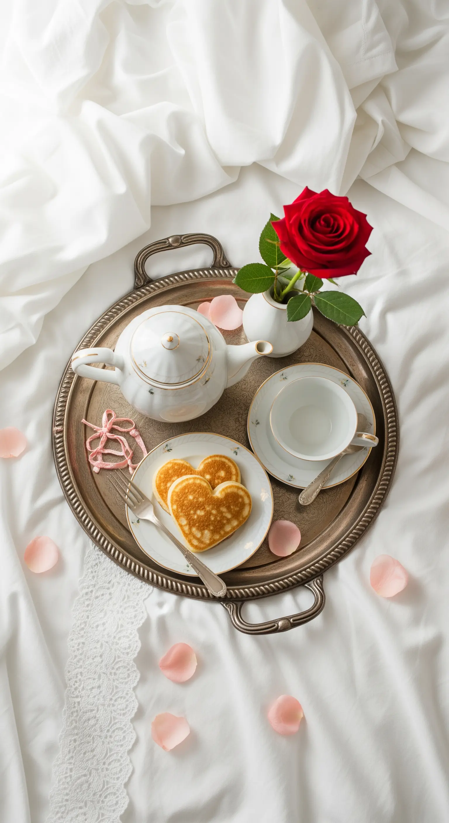 Vassoio per colazione a letto con pancake a forma di cuore, una rosa rossa e servizio da tè.