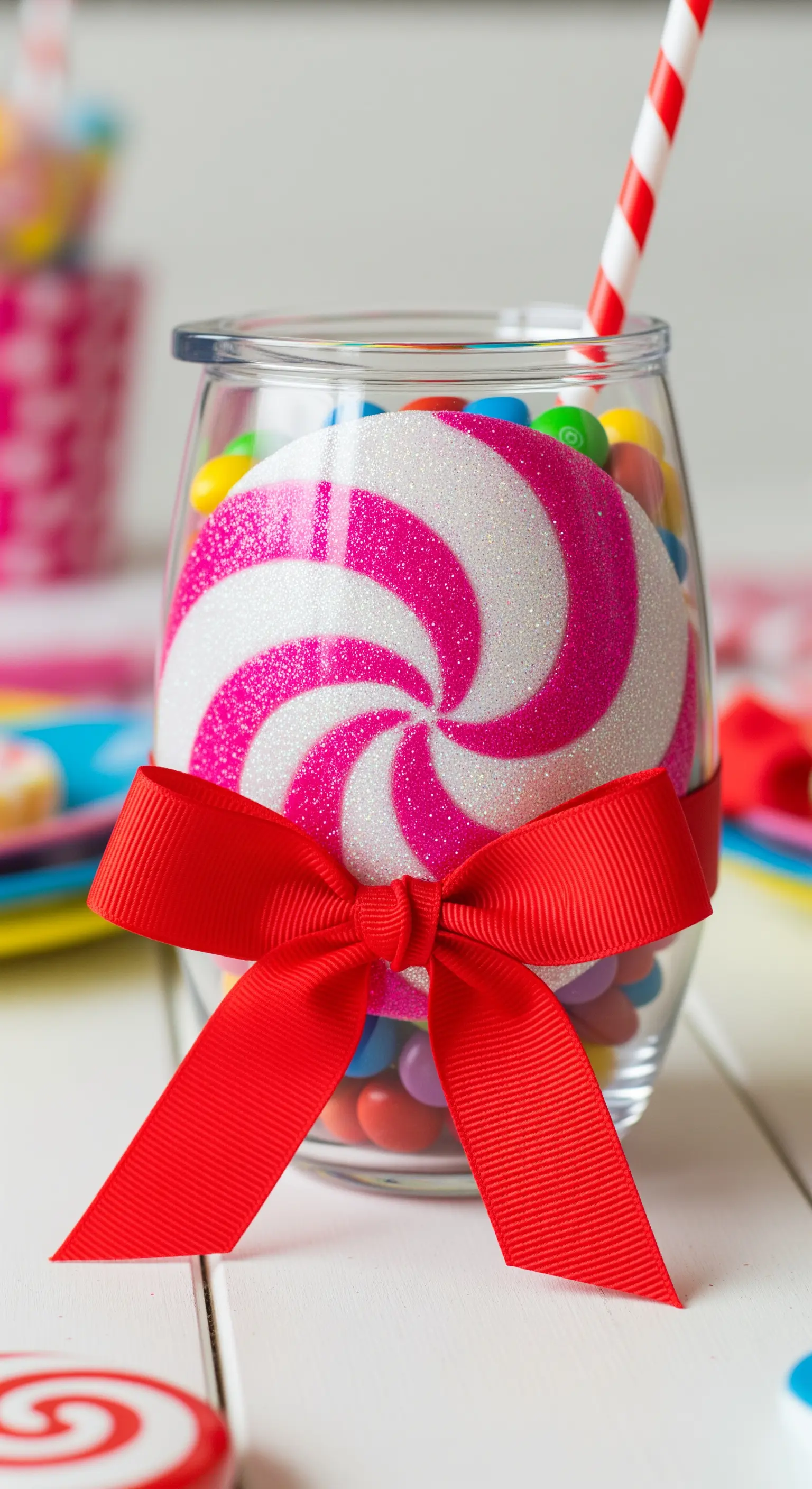 Bicchiere usato come contenitore per caramelle, con un grande fiocco rosso.