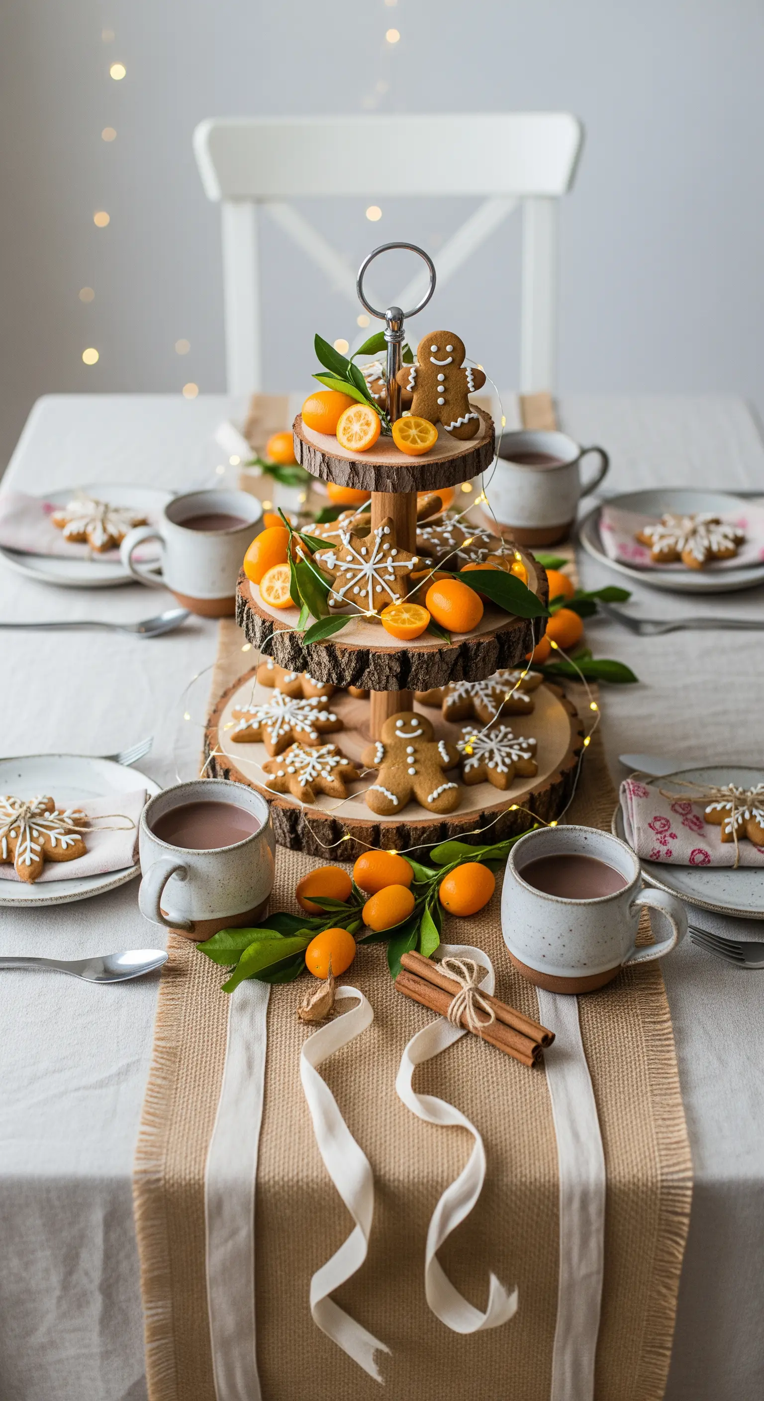 Alzatina in legno a tre piani con biscotti di pan di zenzero e agrumi, usata come centrotavola
