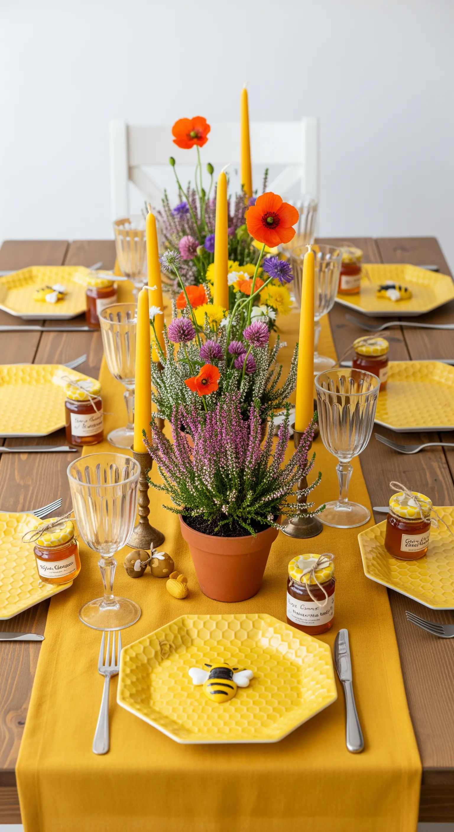 Tavola a tema api con piatti gialli a nido d'ape e vasetti di miele come segnaposto
