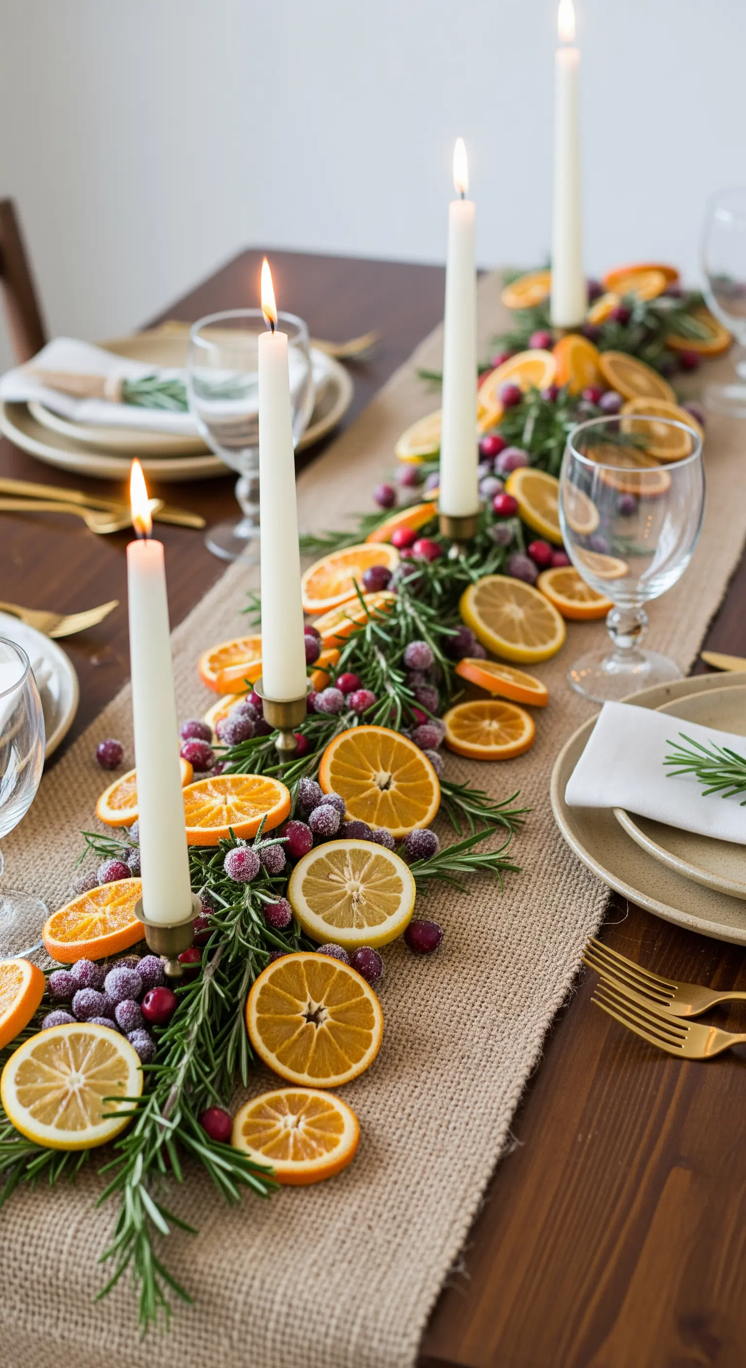 Centrotavola con mirtilli rossi e rosmarino zuccherati per un effetto brinato, e agrumi