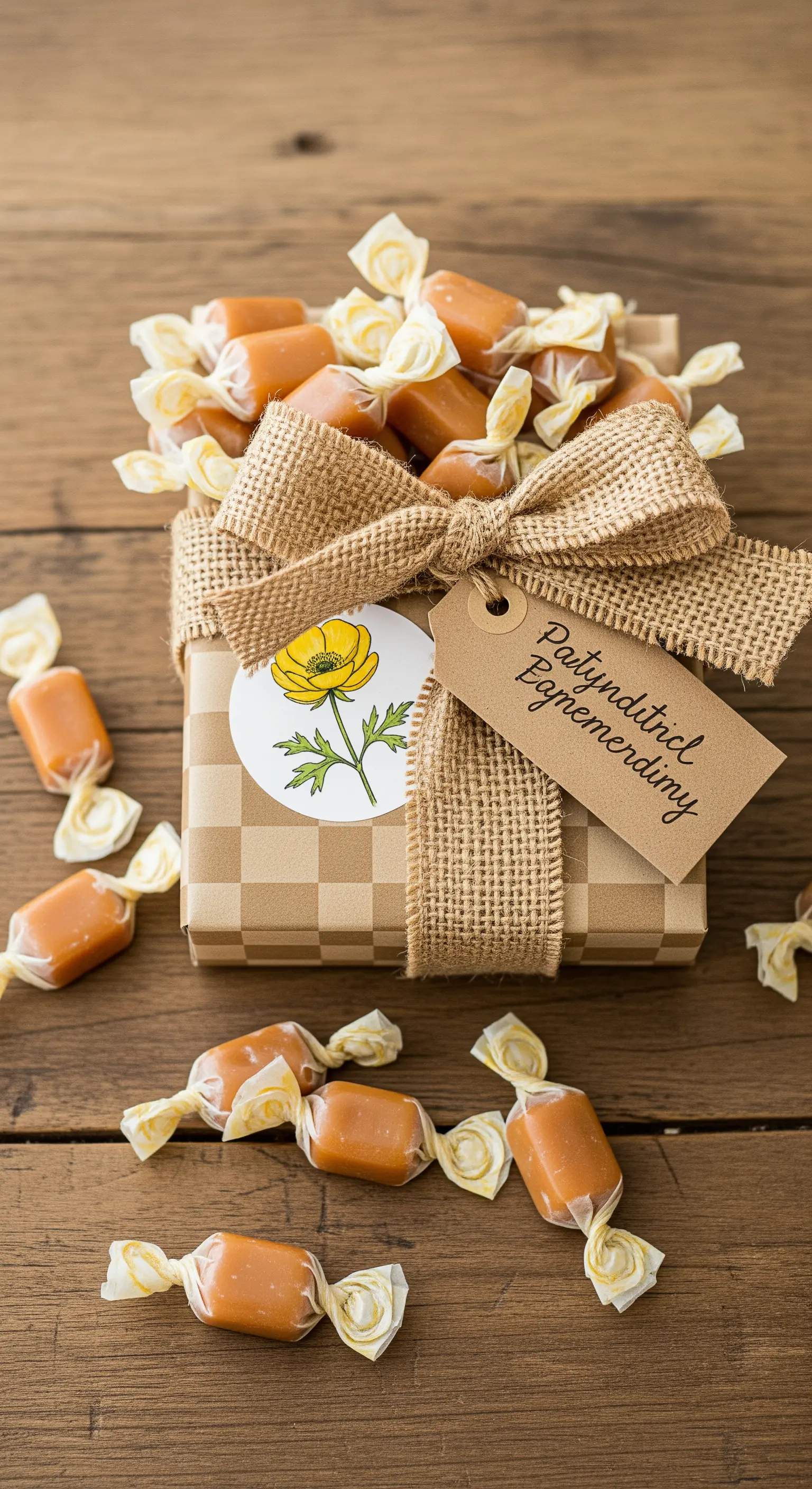 Caramelle mou in una scatola a scacchi con un grande fiocco di iuta.