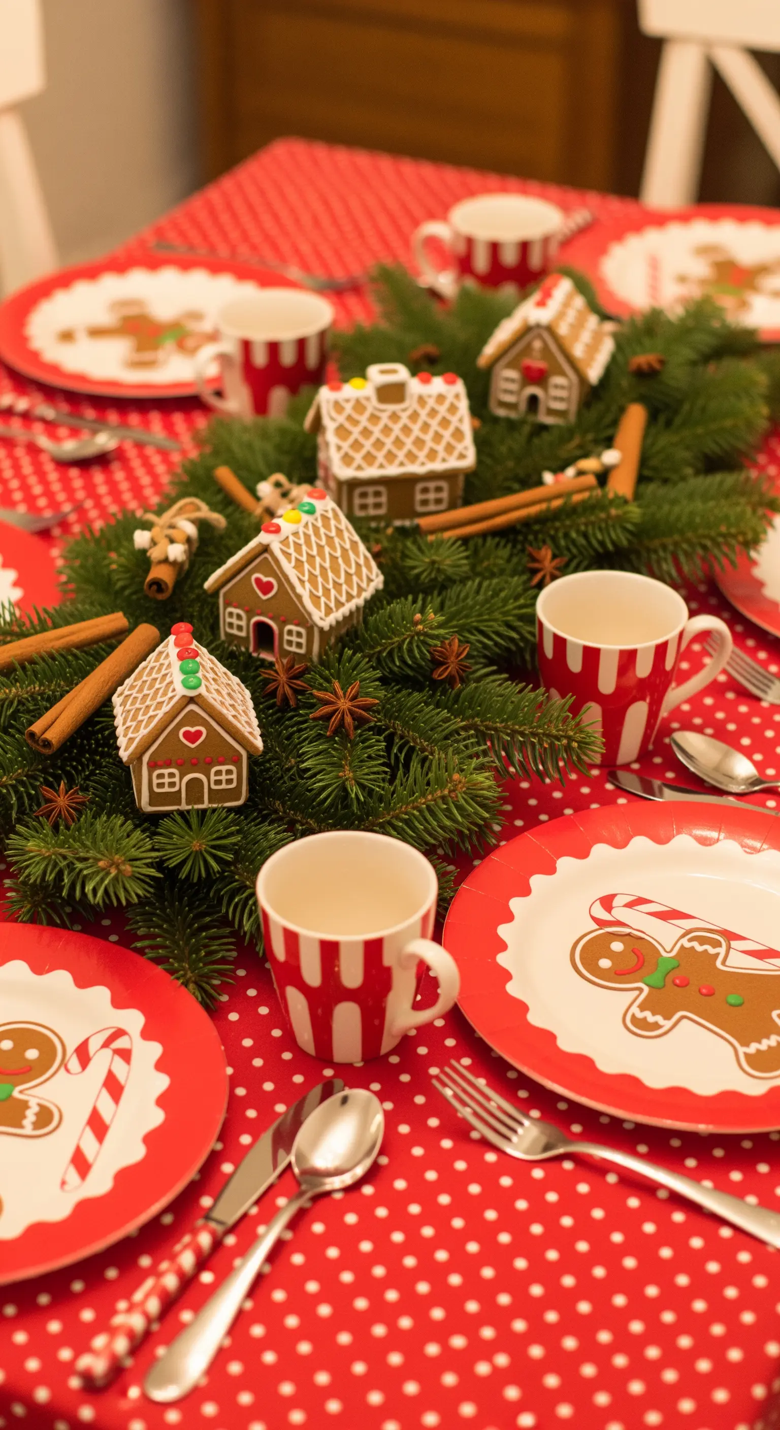 Tavola di Natale a tema pan di zenzero con tovaglia a pois e casette di biscotto.