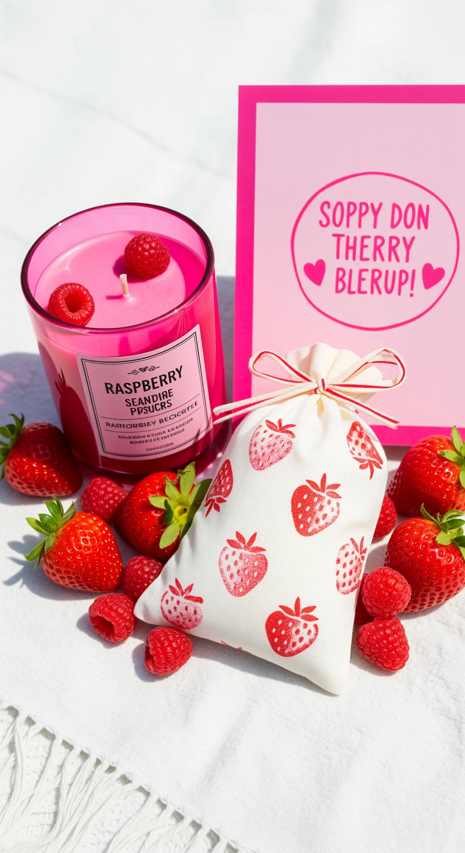 Candela rosa al lampone circondata da fragole e lamponi freschi, con un sacchetto a tema.
