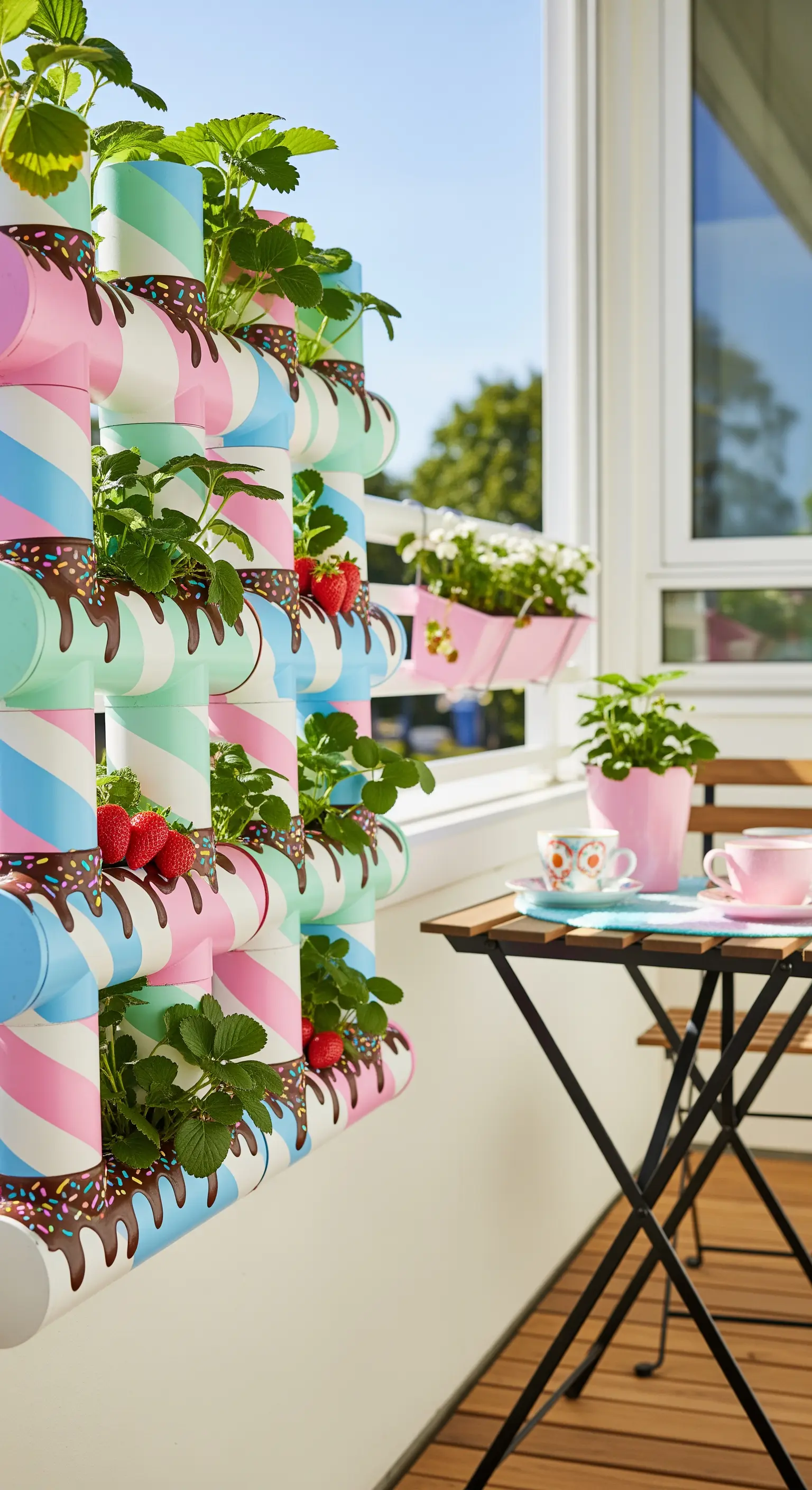 Fioriera a parete con tubi a righe pastello e decorazioni a forma di cioccolato fuso.