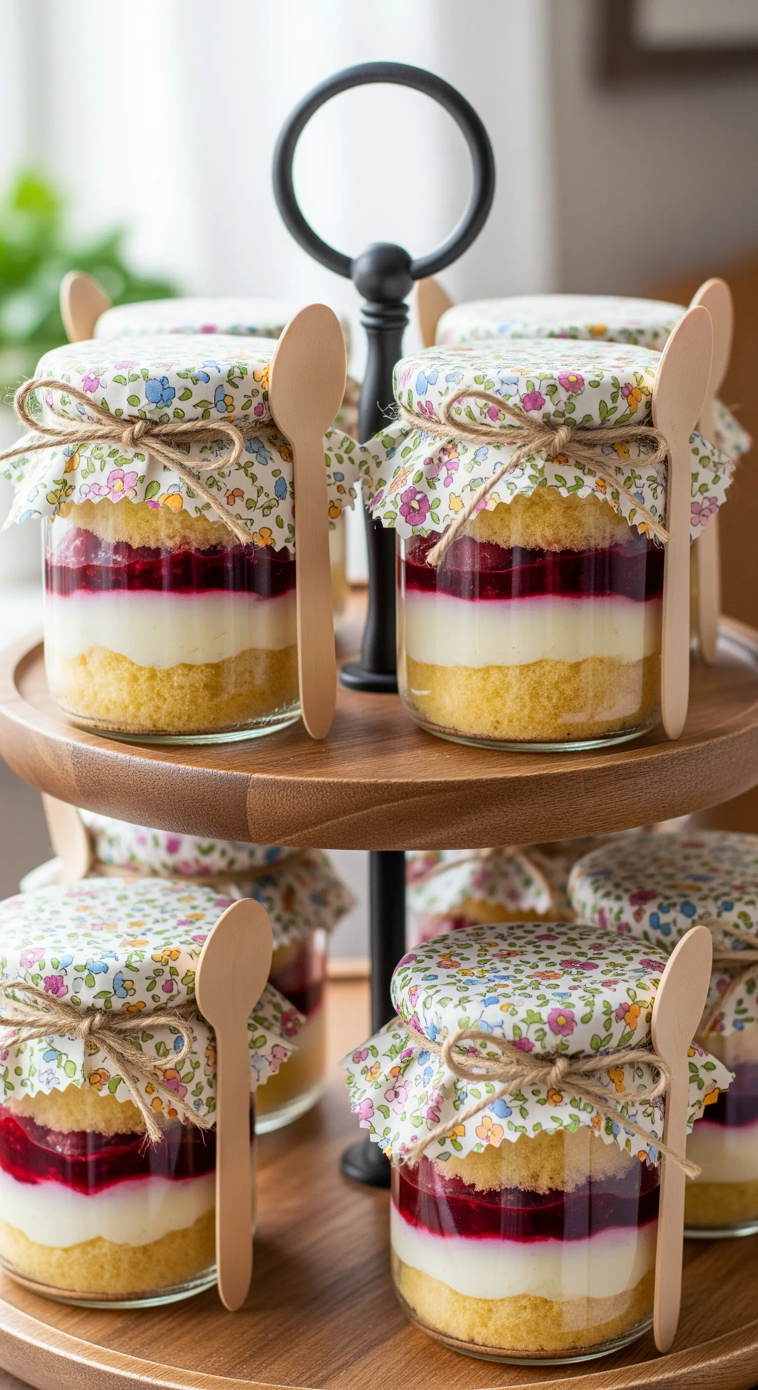 Dolci stratificati in barattoli di vetro con coperchio in tessuto e cucchiaino di legno