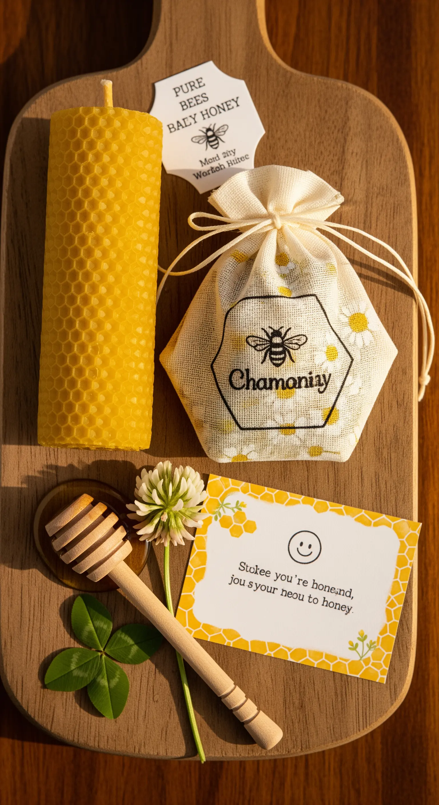 Candela in cera d'api, sacchetto a tema con camomilla e spargimiele su un tagliere di legno.