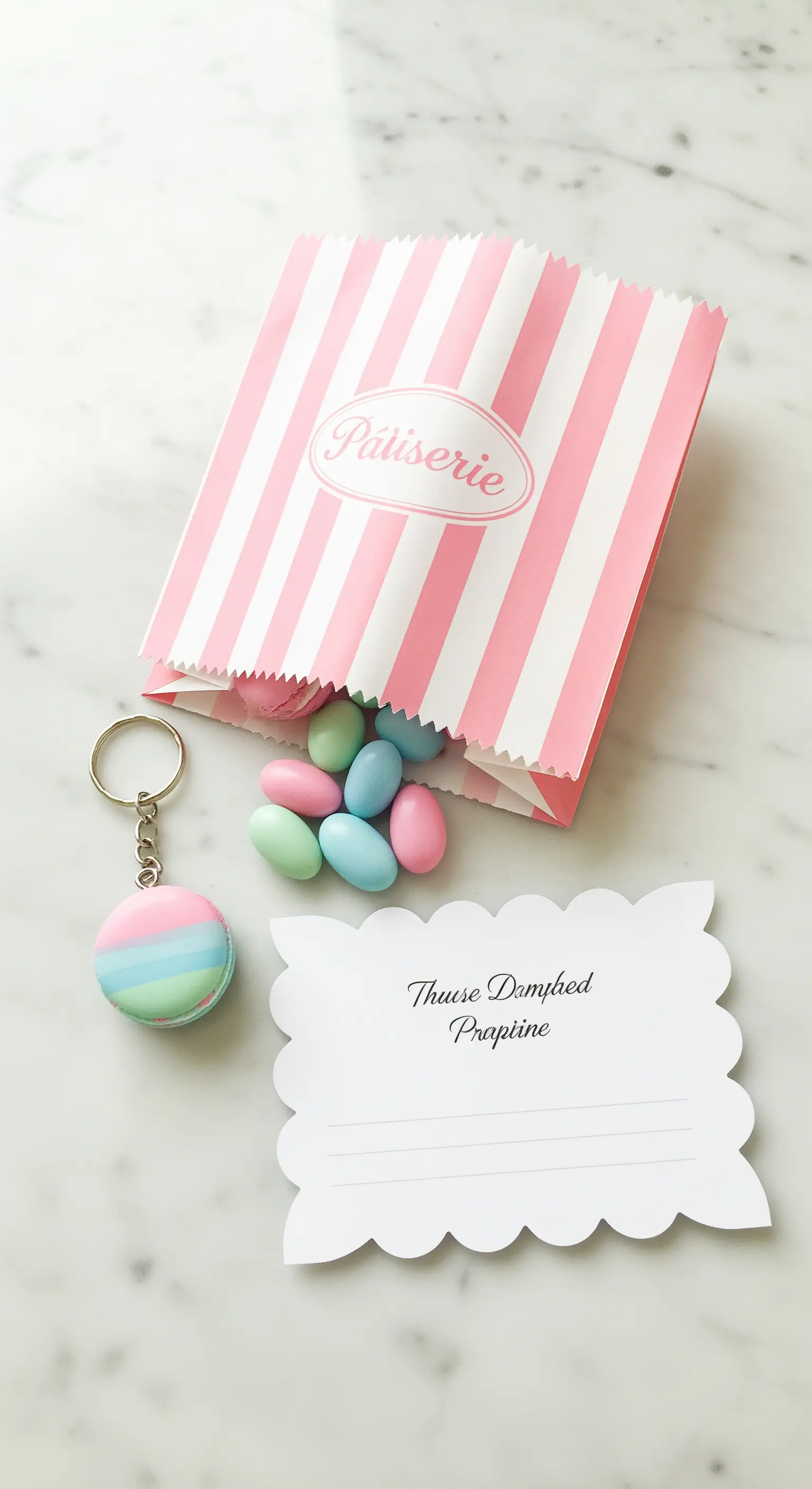 Sacchetto di carta a righe rosa e bianche con confetti pastello e portachiavi a forma di macaron.