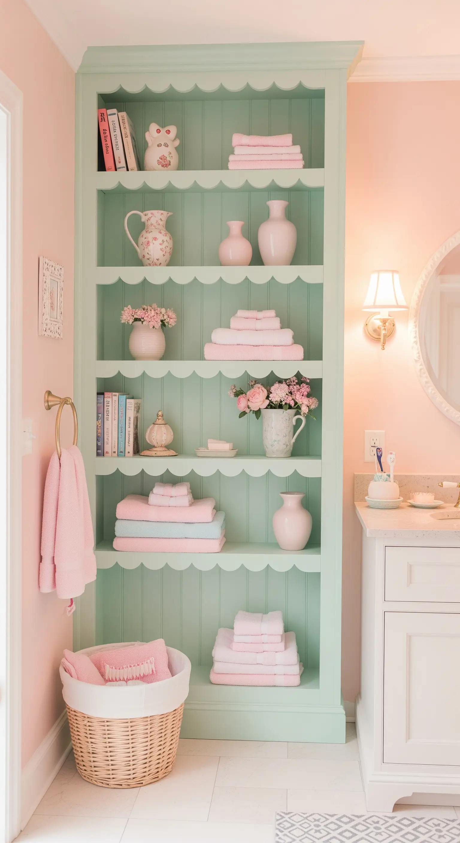 Libreria verde pastello con bordi smerlati in un bagno rosa, con ceramiche e fiori.