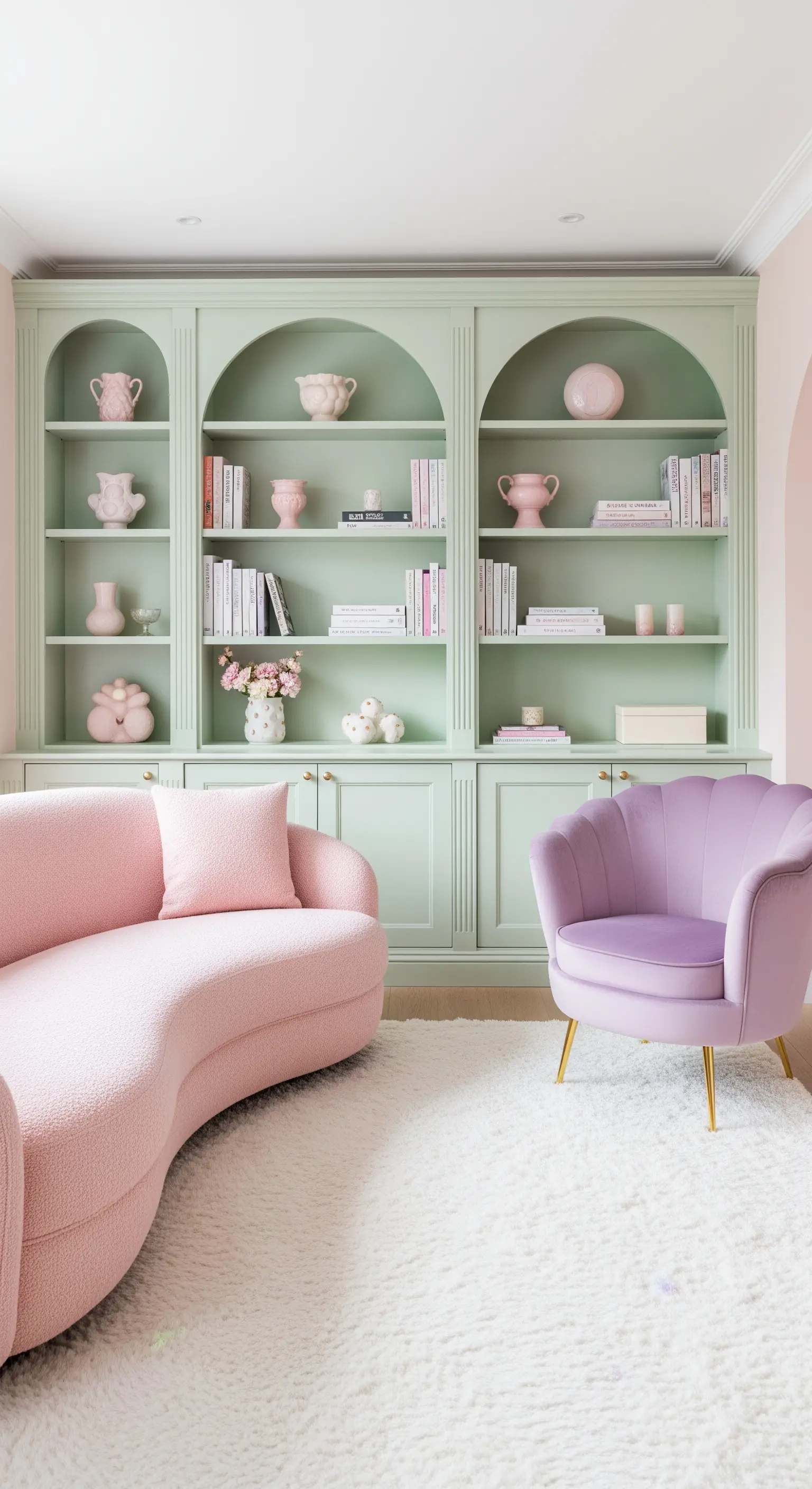 Salotto con libreria ad archi verde menta e divano curvo rosa su un tappeto bianco.