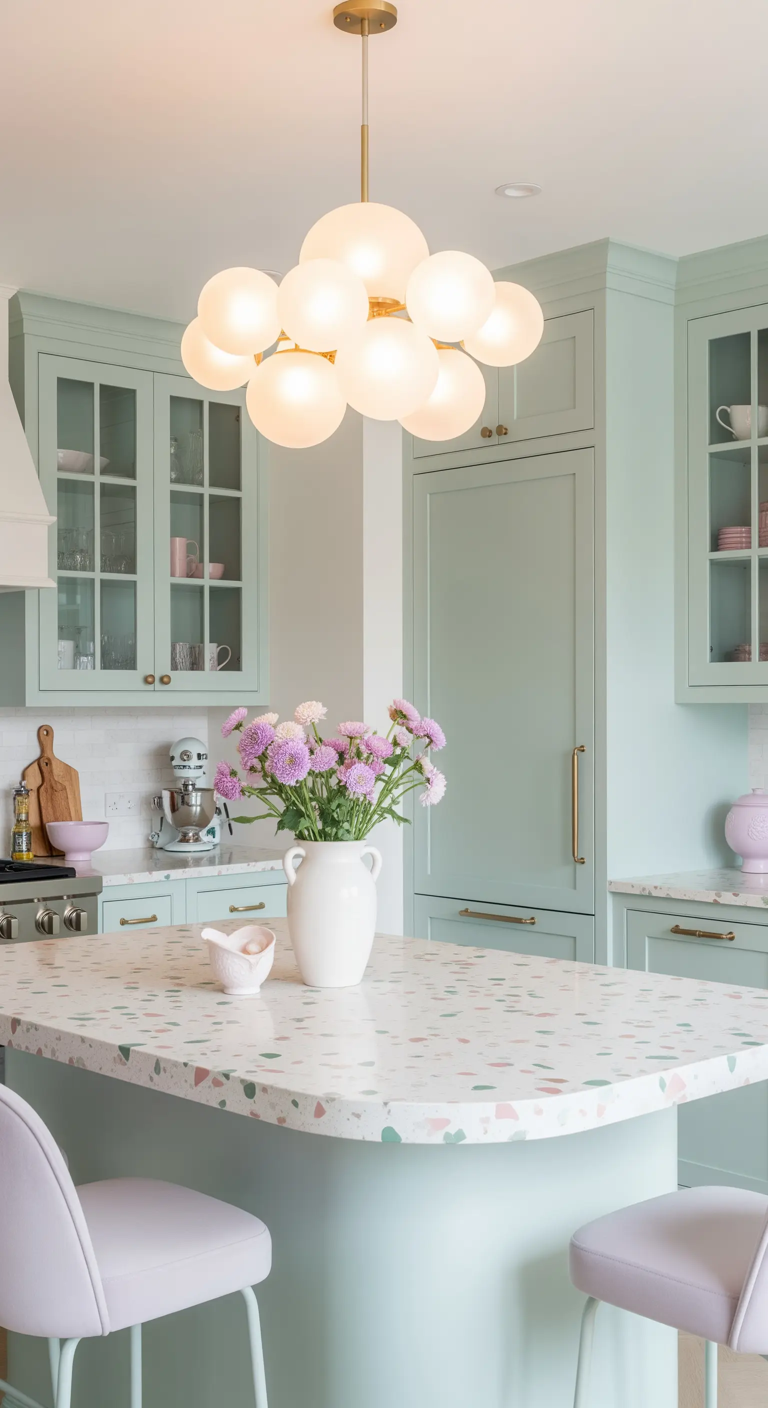 Cucina color verde menta con piano in terrazzo e sgabelli in velluto rosa chiaro