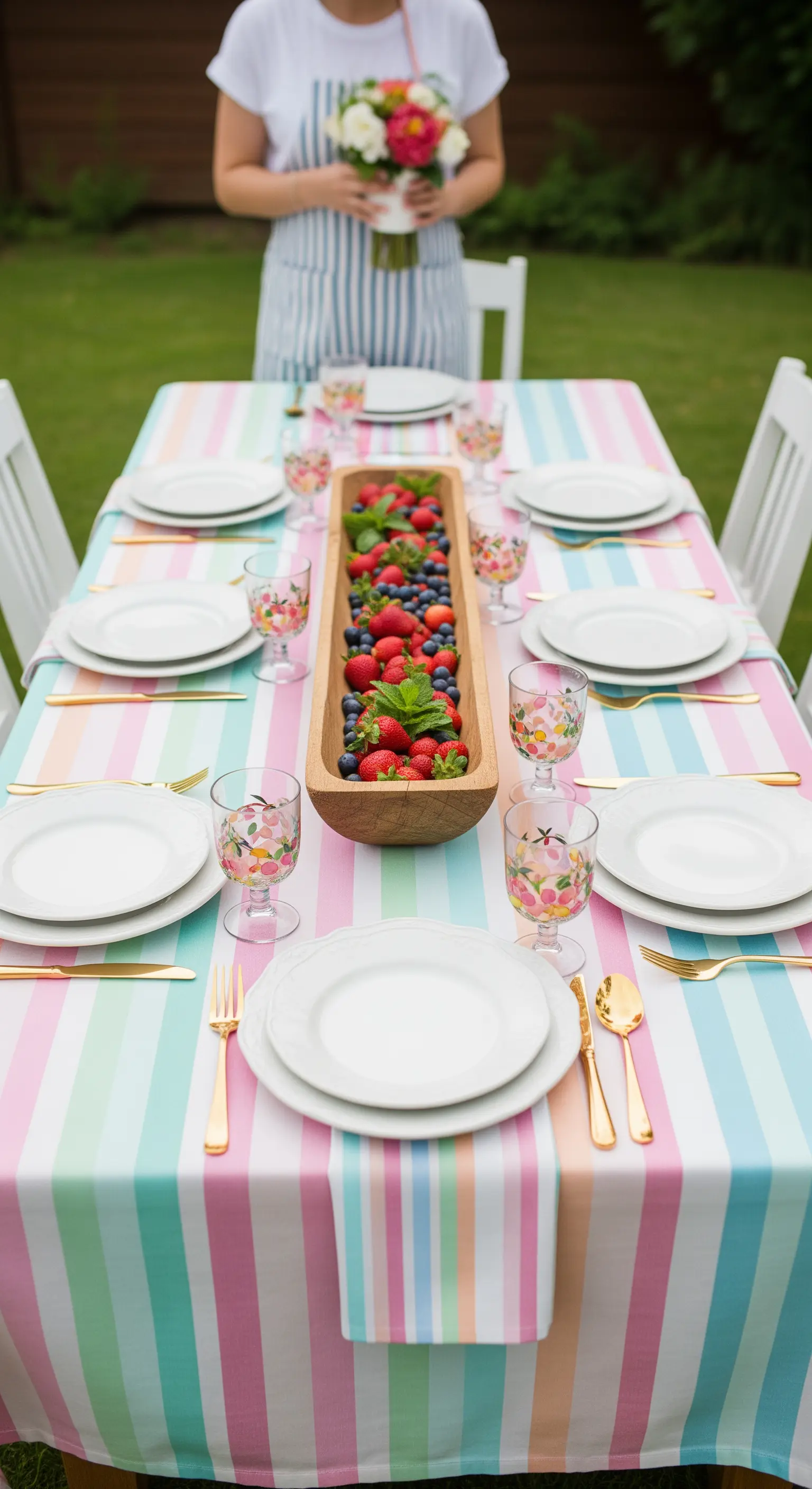 Tavola con tovaglia a righe pastello, piatti bianchi e un centrotavola di frutti di bosco.