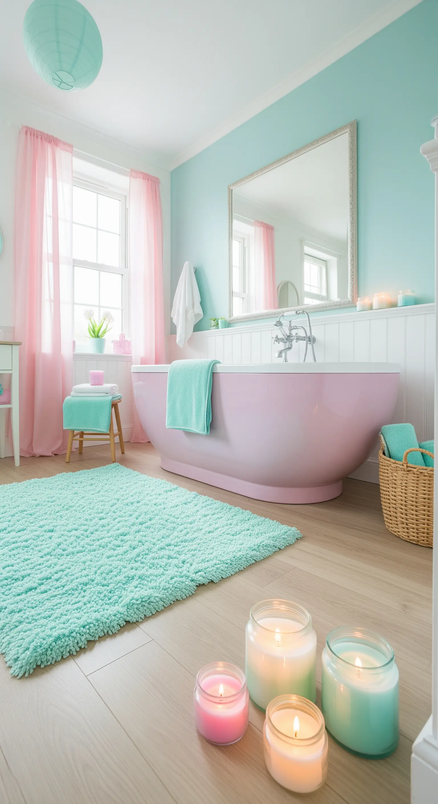 Bagno dai colori pastello con vasca rosa, pareti verde menta e tappeto vaporoso.