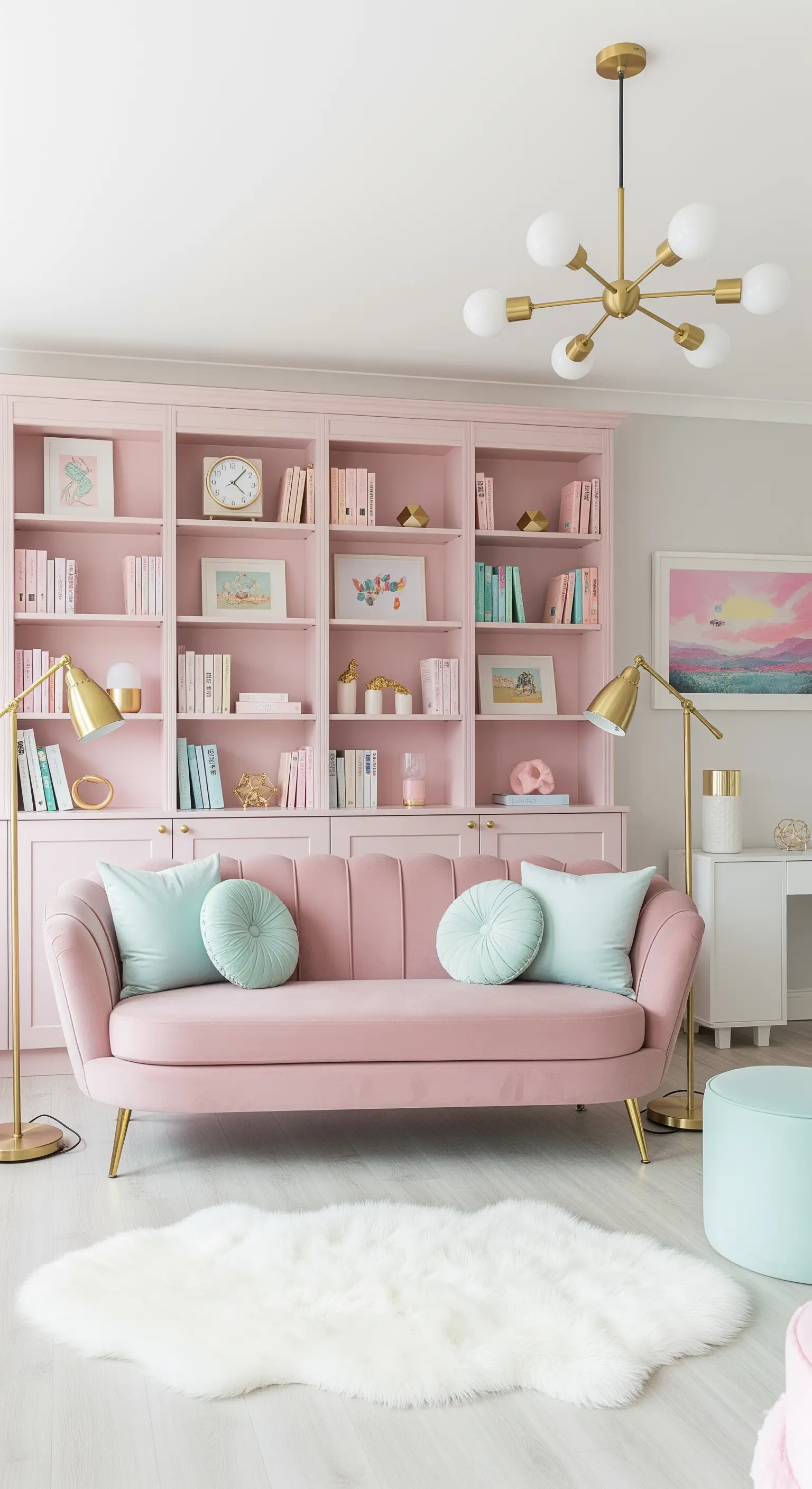 Salotto con libreria rosa pastello, divano rosa e cuscini verde menta.