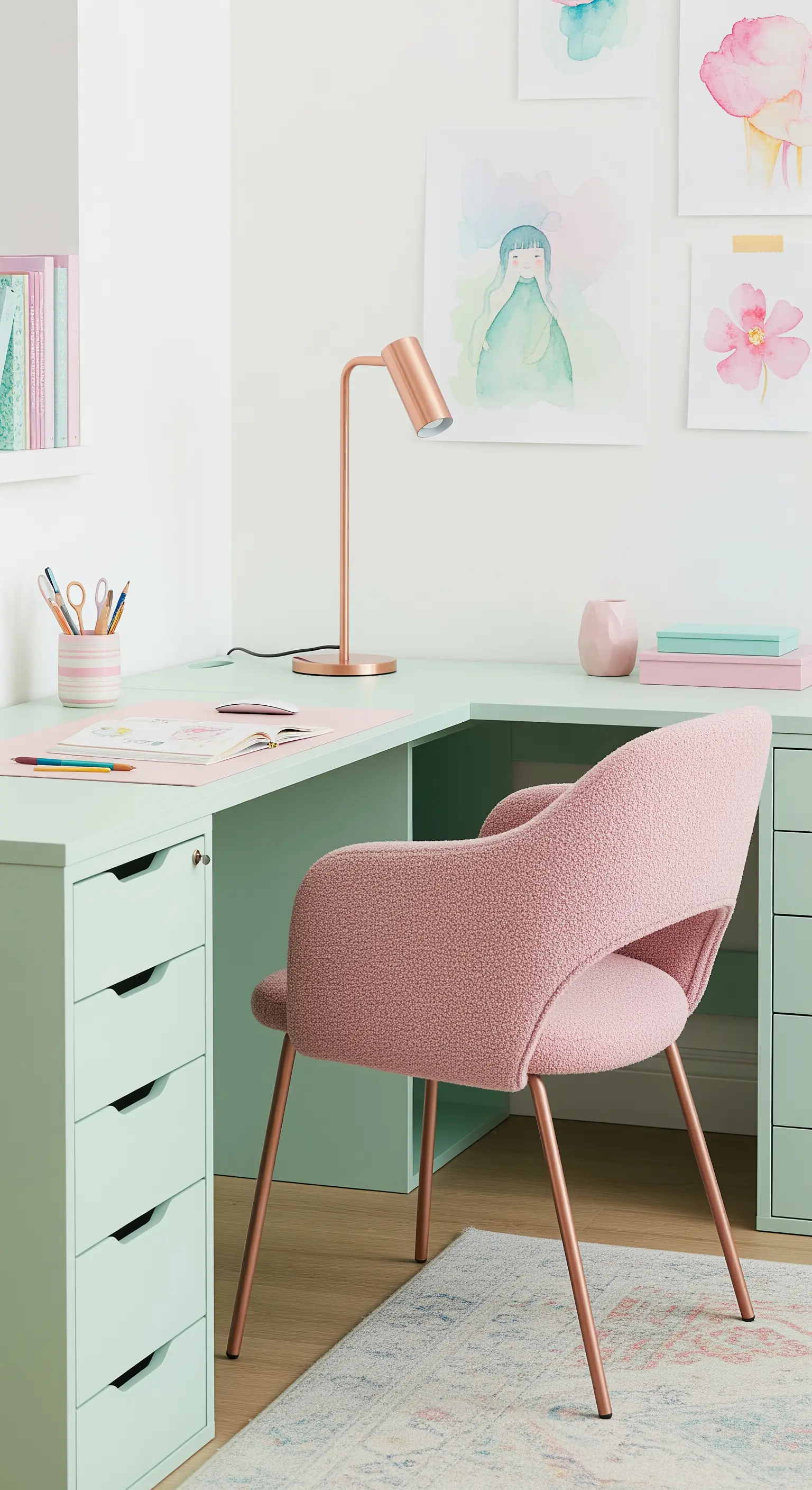 Scrivania a L color menta con sedia rosa bouclé e lampada in rame.