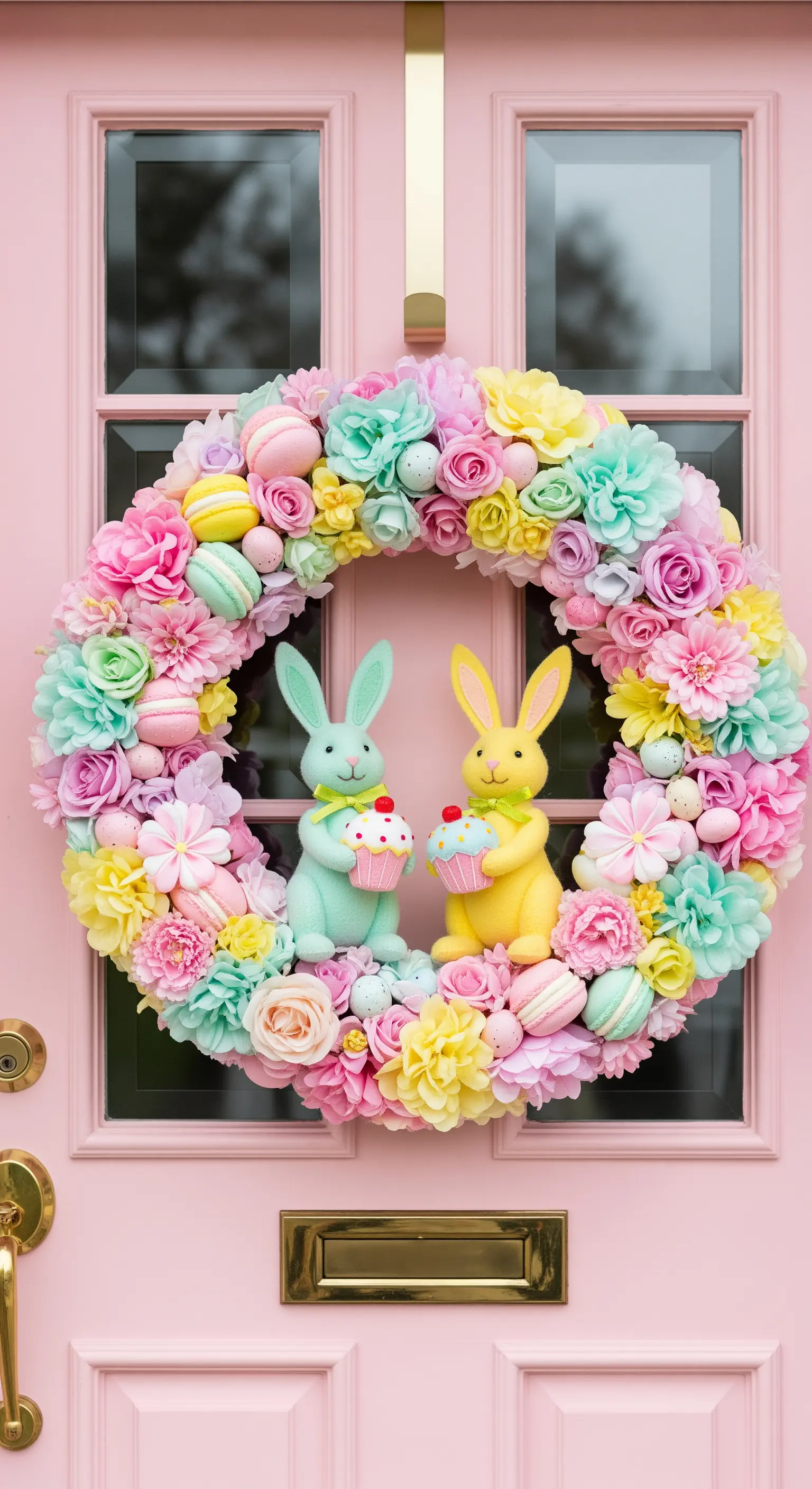 Ghirlanda pasquale con fiori colorati, macarons e coniglietti con cupcake.