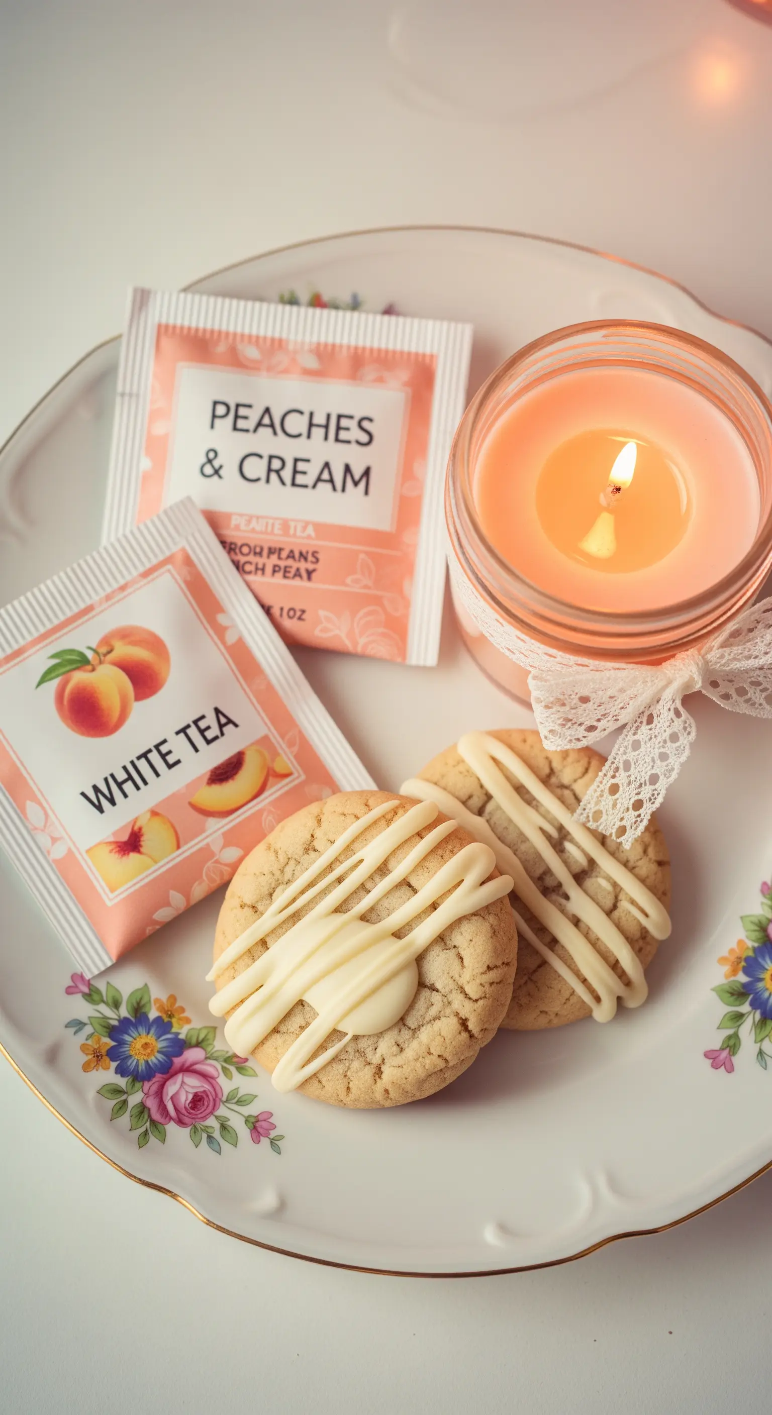 Set da tè vintage con infuso alla pesca, biscotti glassati e candela color pesca.