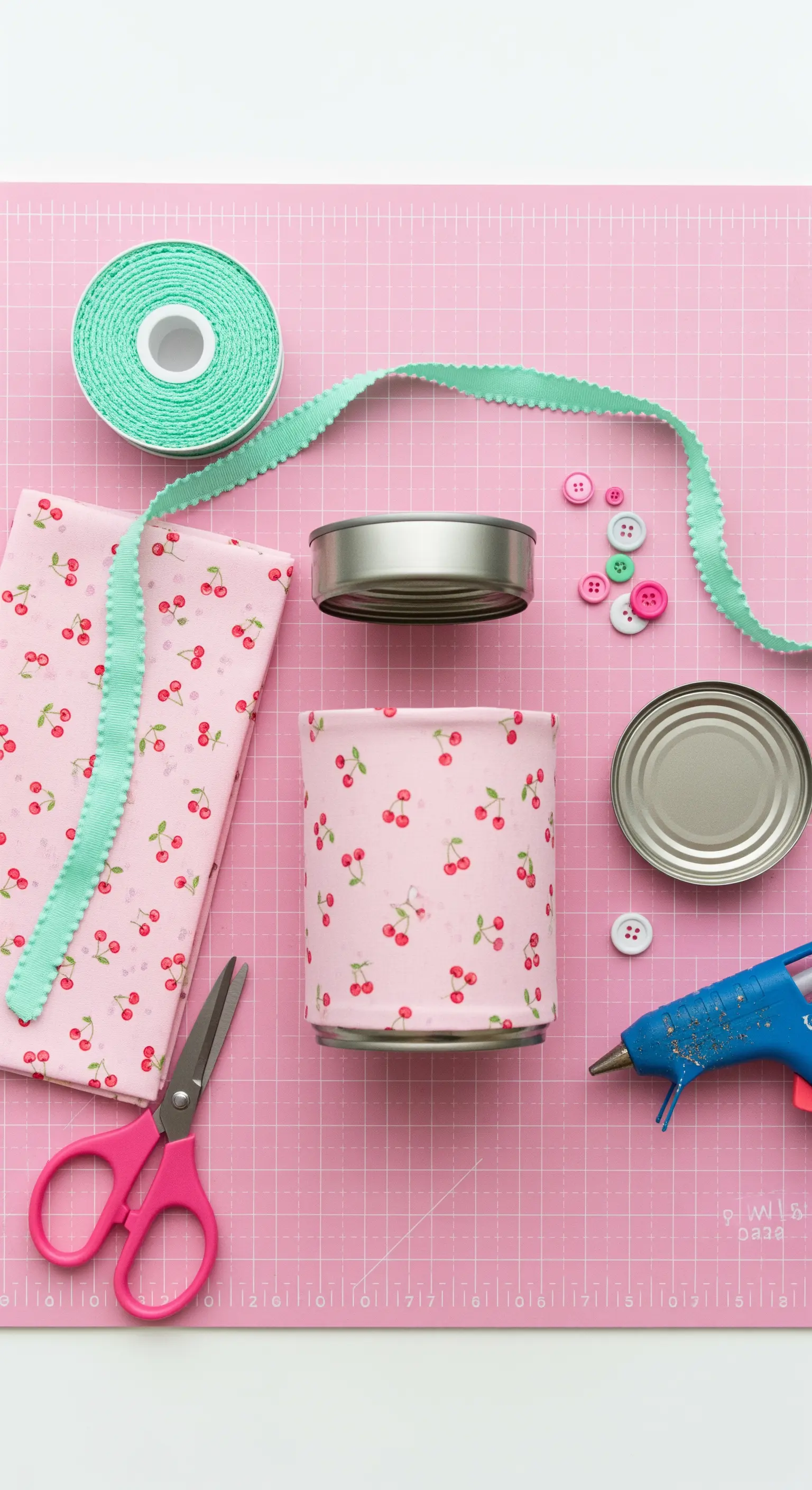 Kit fai da te su un tappetino rosa: lattine, tessuto a ciliegie, nastri e bottoni.