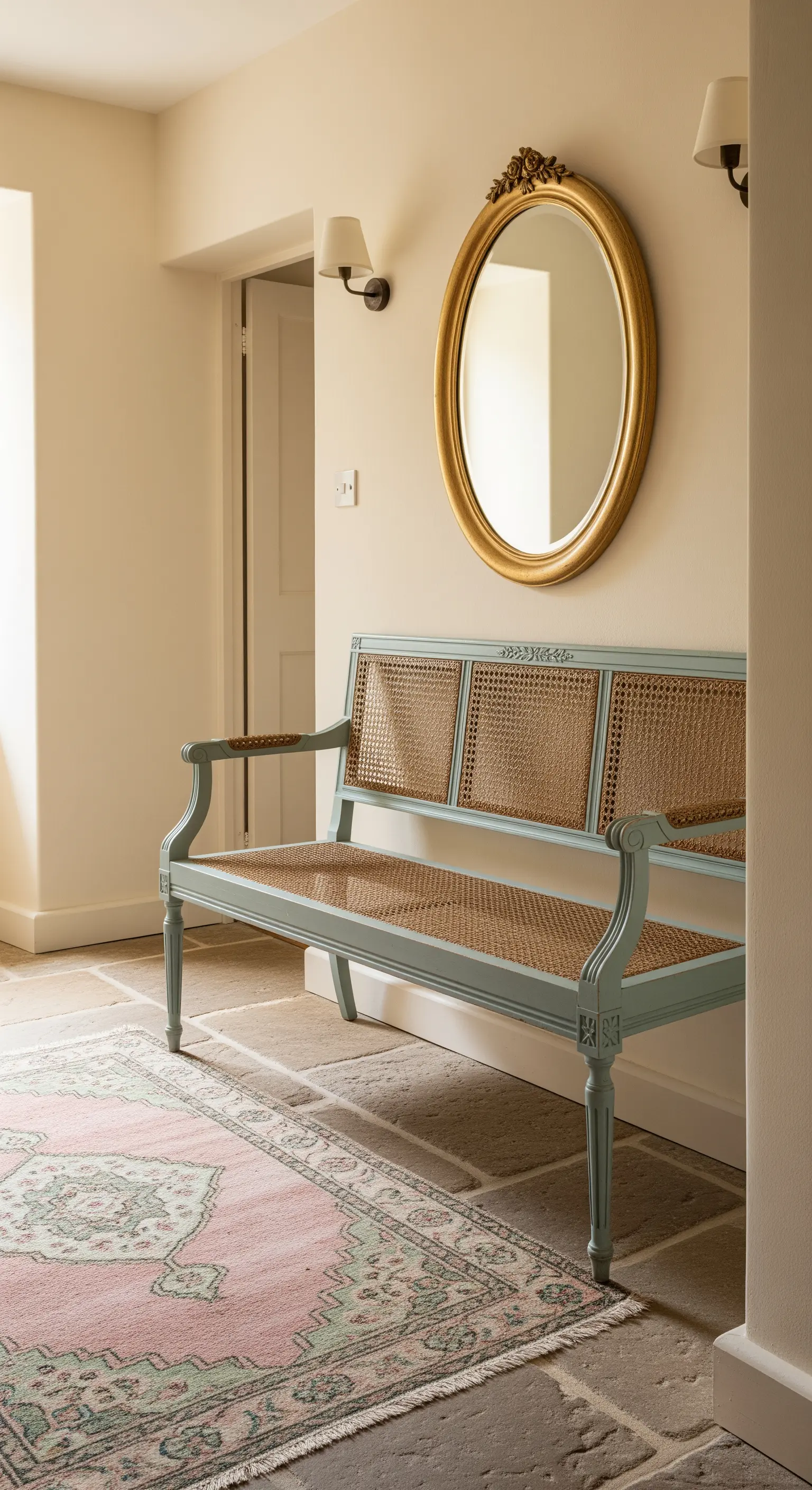 Ingresso country chic con panca azzurra in paglia di Vienna e specchio ovale dorato.