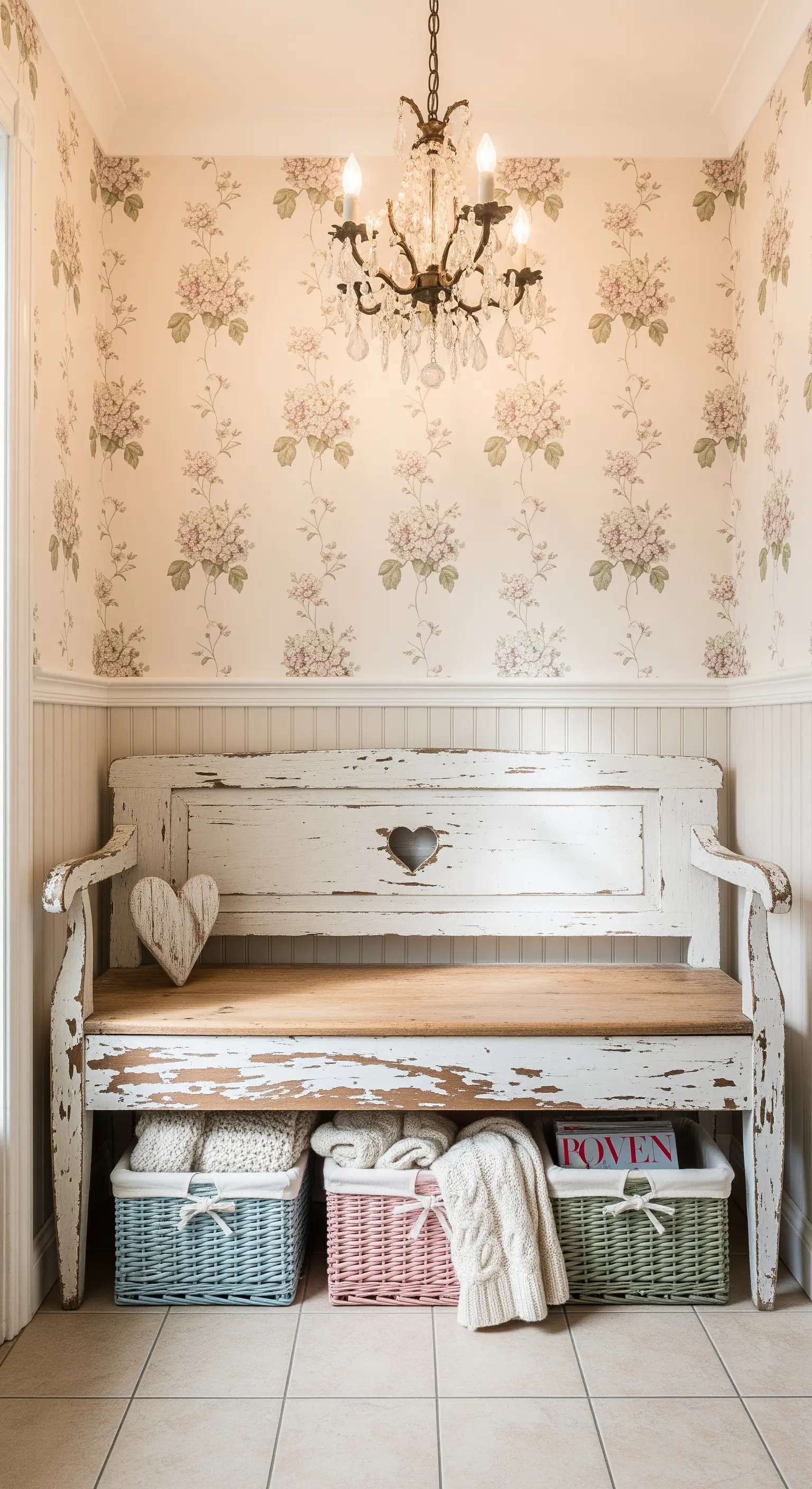 Panca bianca decapata con intaglio a cuore, carta da parati floreale e cesti color pastello.