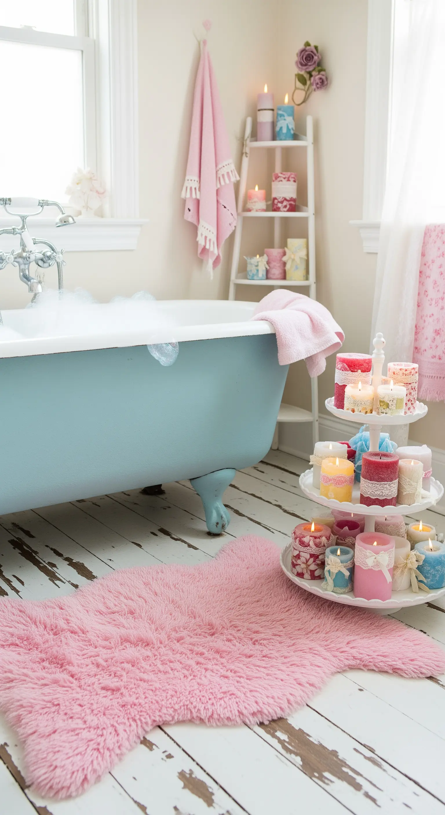 Bagno shabby chic con vasca azzurra, pavimento bianco decapato e tappeto rosa.