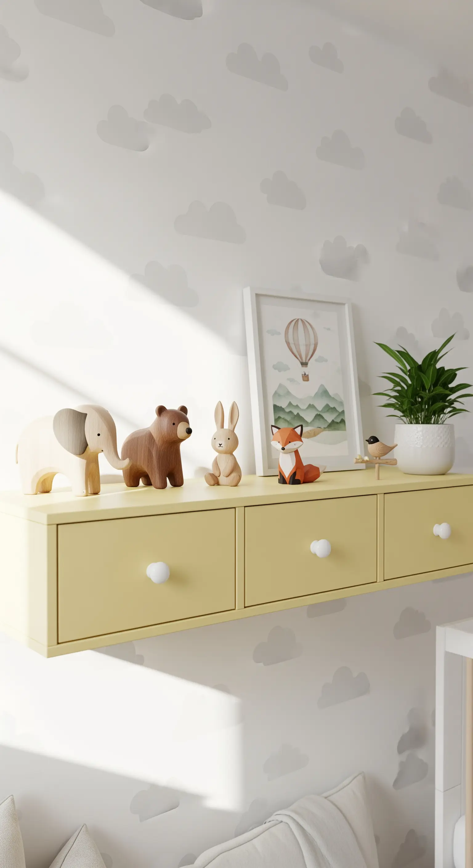 Mensola orizzontale giallo pastello, composta da più cassetti, con sopra giocattoli in legno.