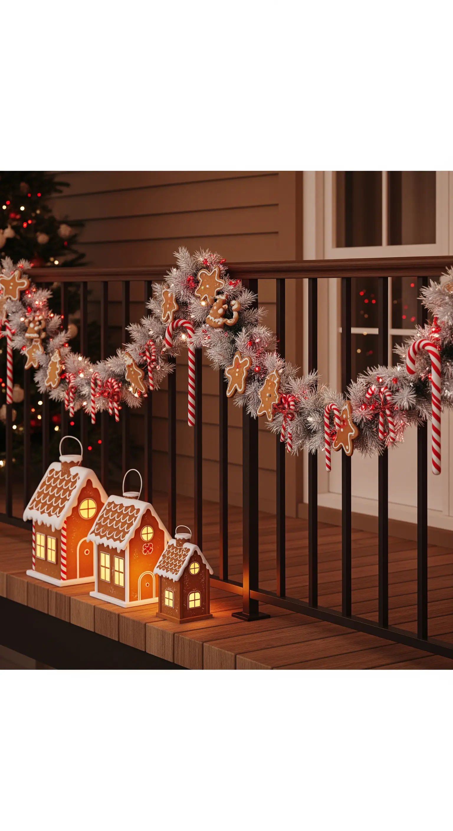 Ghirlanda innevata decorata con omini di pan di zenzero e bastoncini di zucchero, con lanterne a casetta