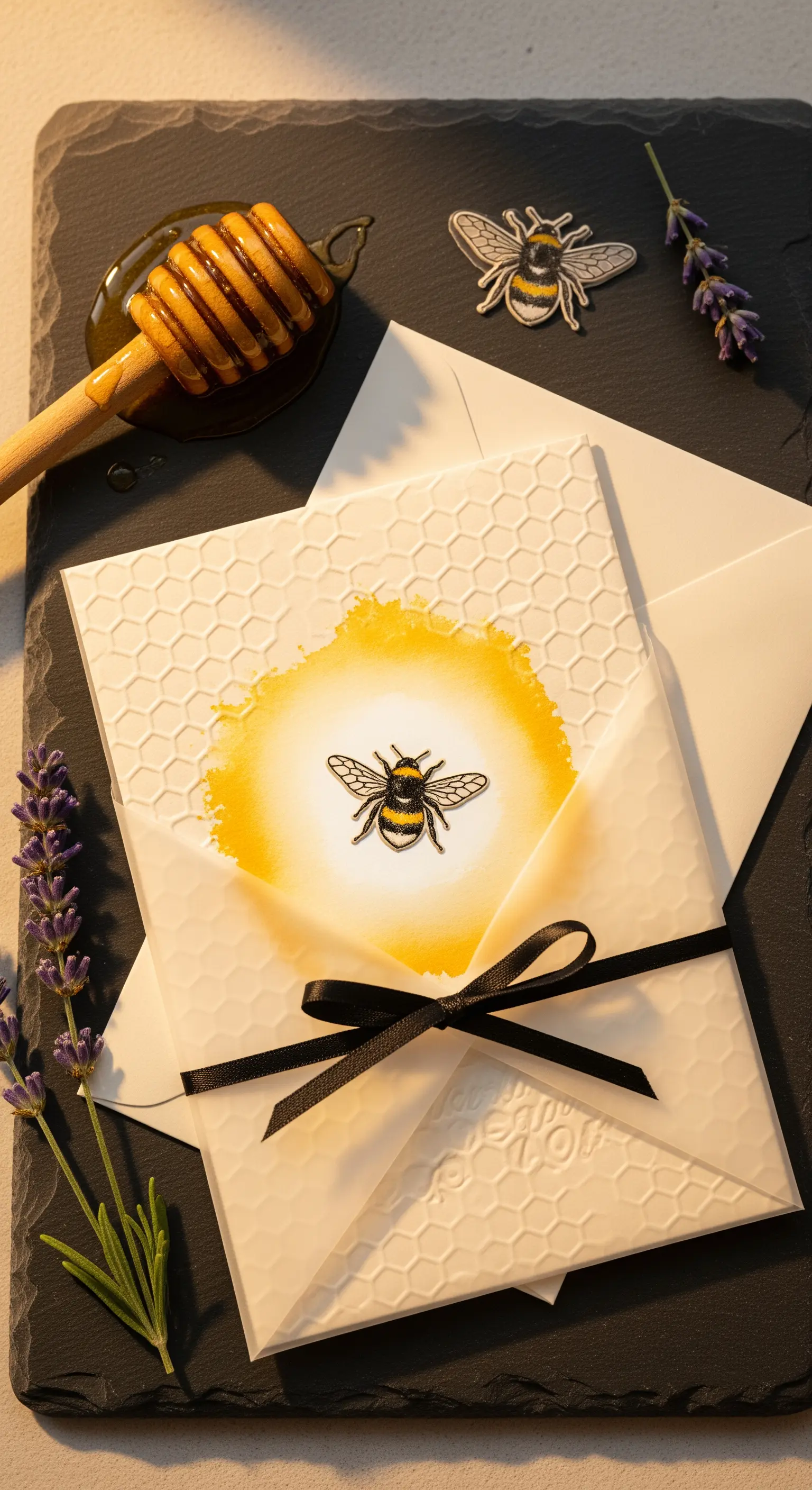 Invito a forma di busta con texture a nido d'ape, ape centrale e nastro nero.