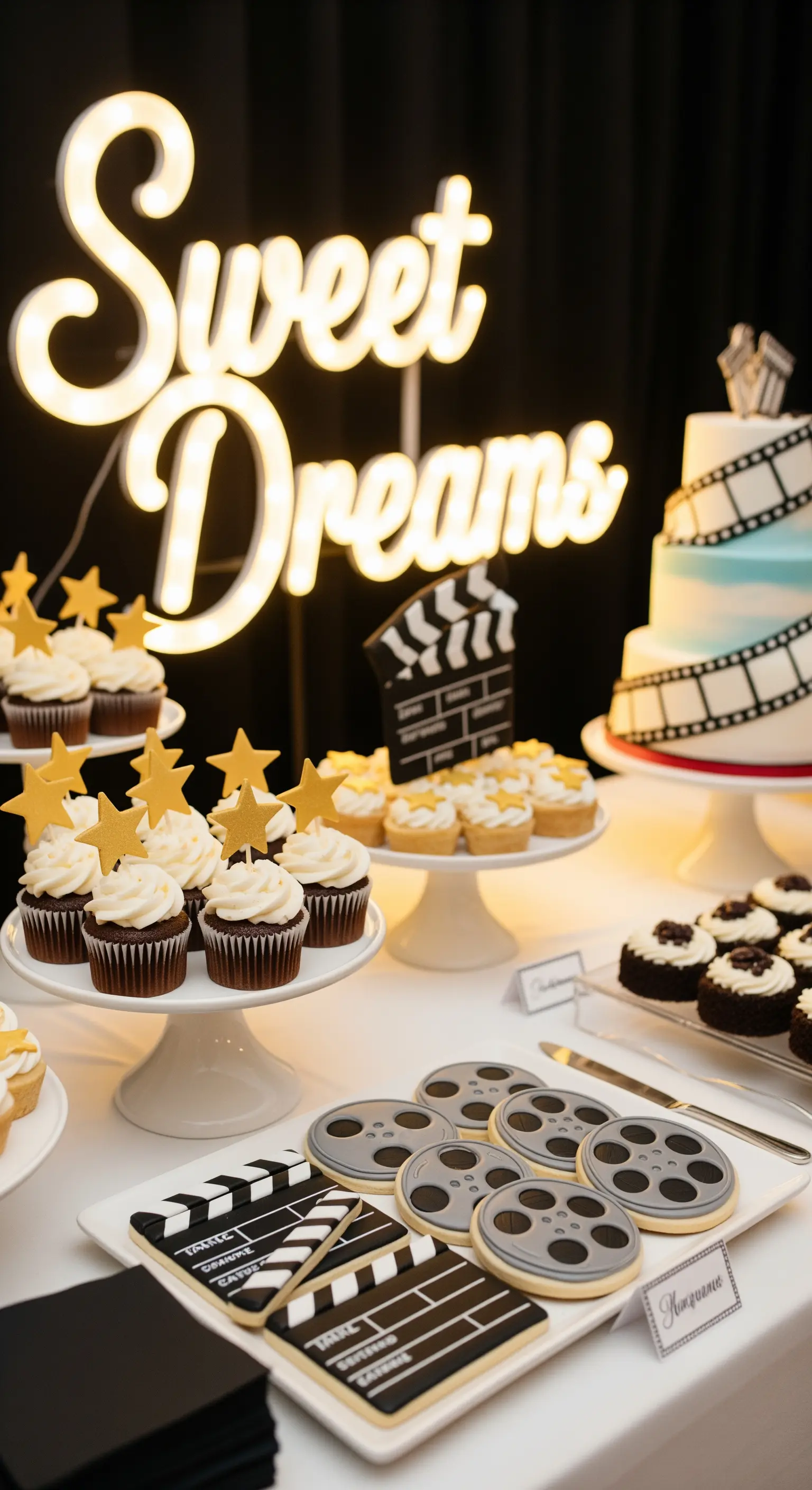 Tavolo di dolci a tema cinema con torta, cupcake e biscotti decorati, e un'insegna luminosa