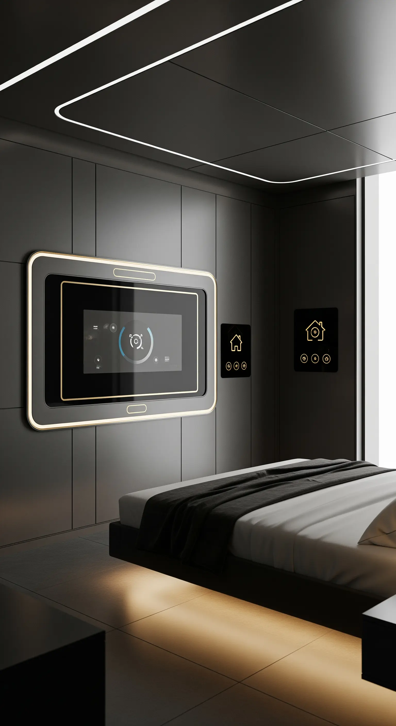 Camera da letto futuristica con pareti grigie, domotica integrata e illuminazione a LED.