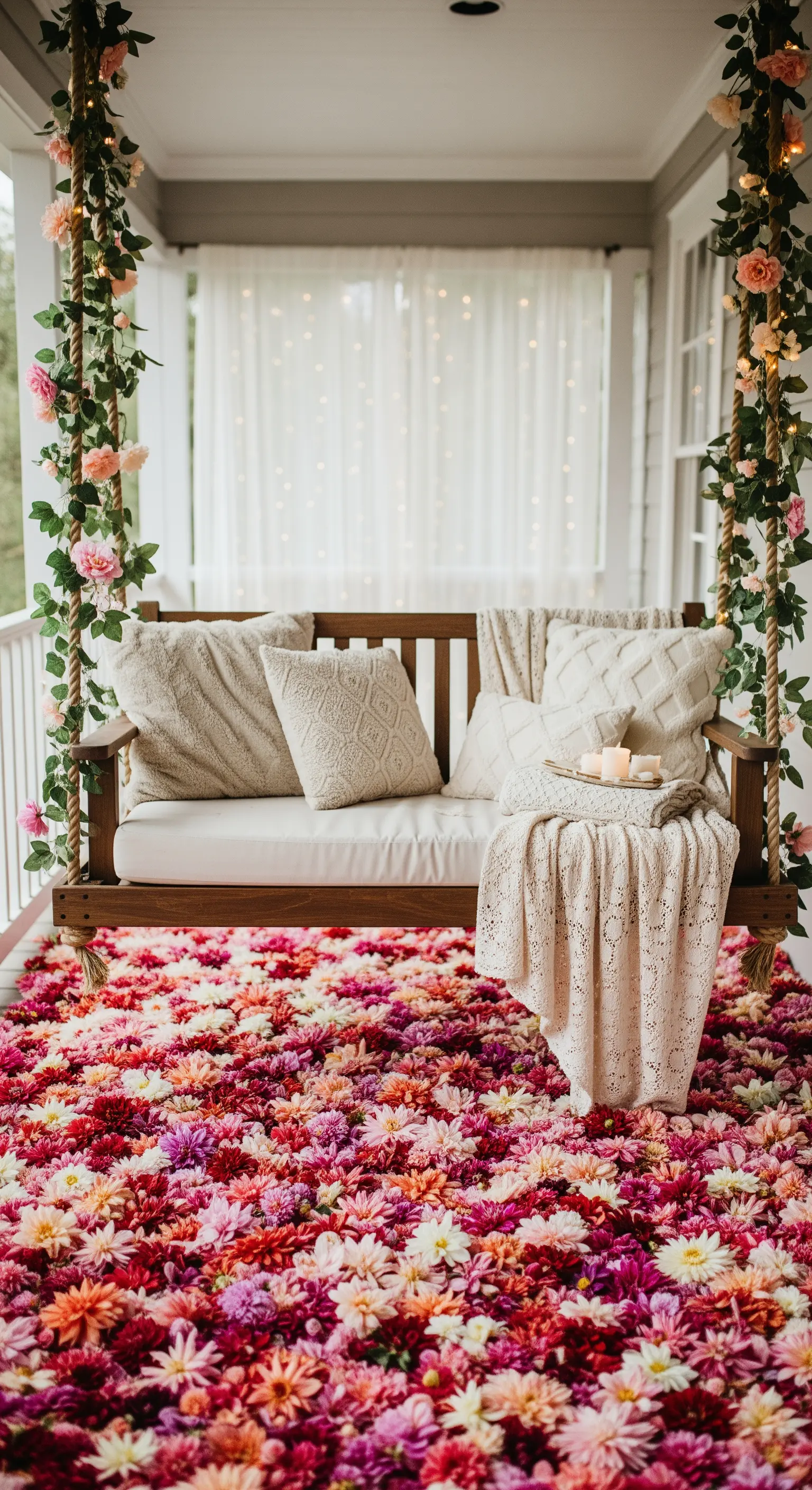 Dondolo in legno su un portico coperto da un tappeto di fiori colorati, con ghirlande floreali.