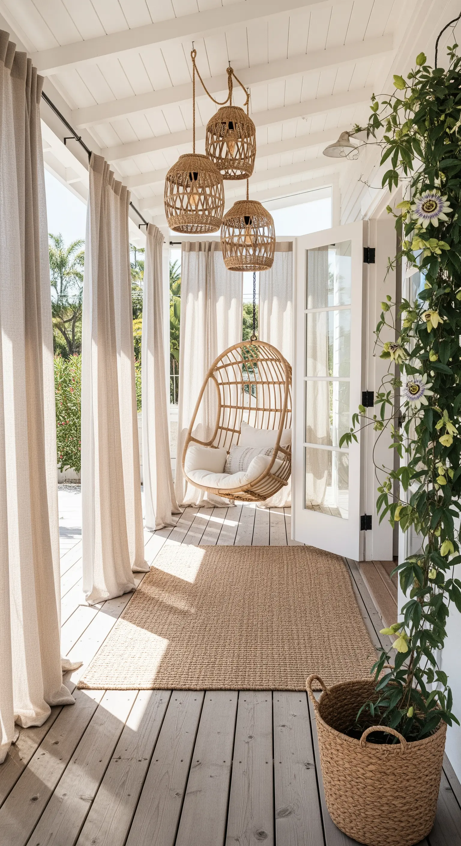 Portico luminoso con sedia sospesa in rattan, tappeto in juta e tende di lino.