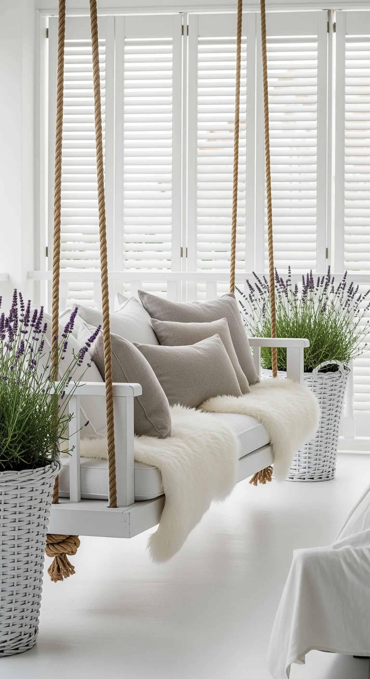 Dondolo bianco sospeso con cuscini in lino e pelle di pecora, affiancato da cesti di lavanda