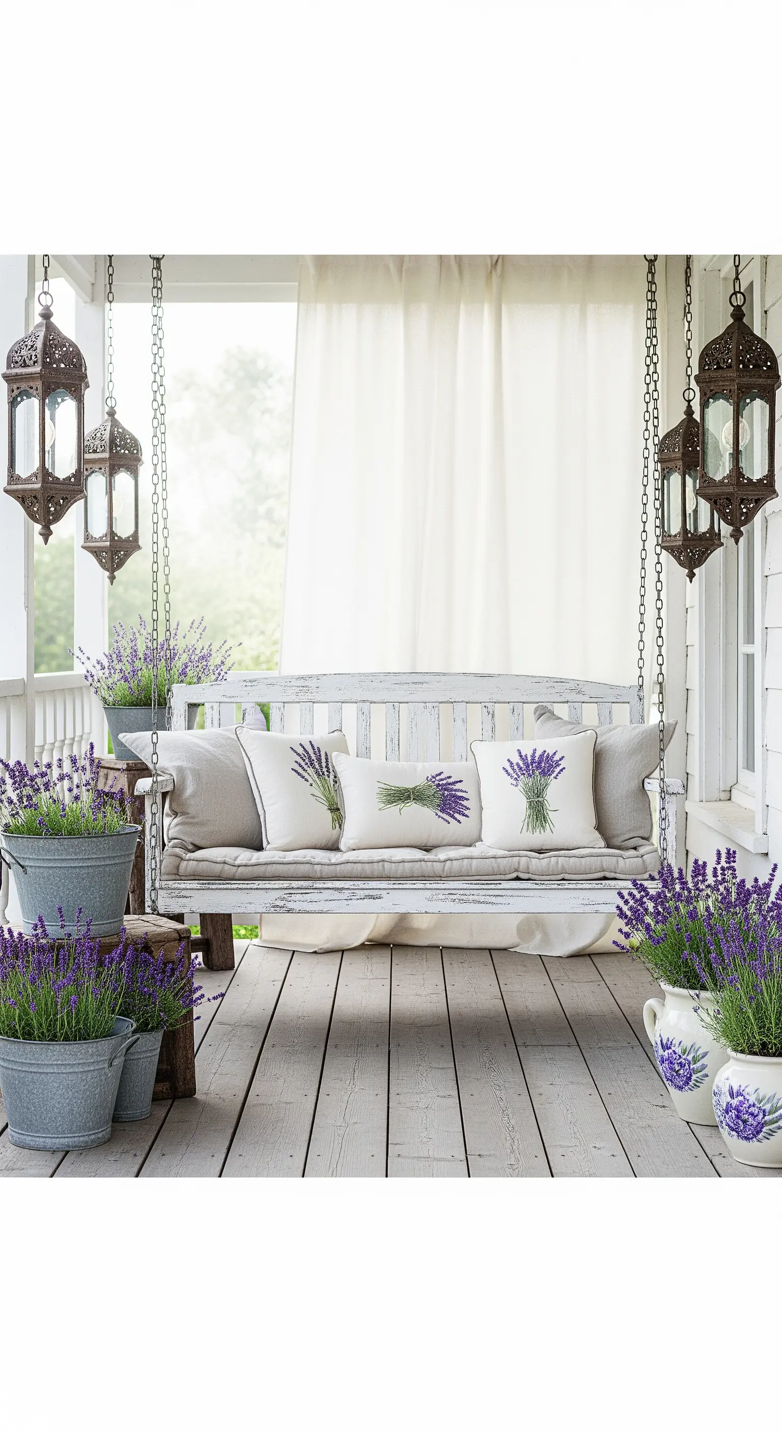 Dondolo bianco in veranda con cuscini a tema lavanda e lanterne in metallo anticato.