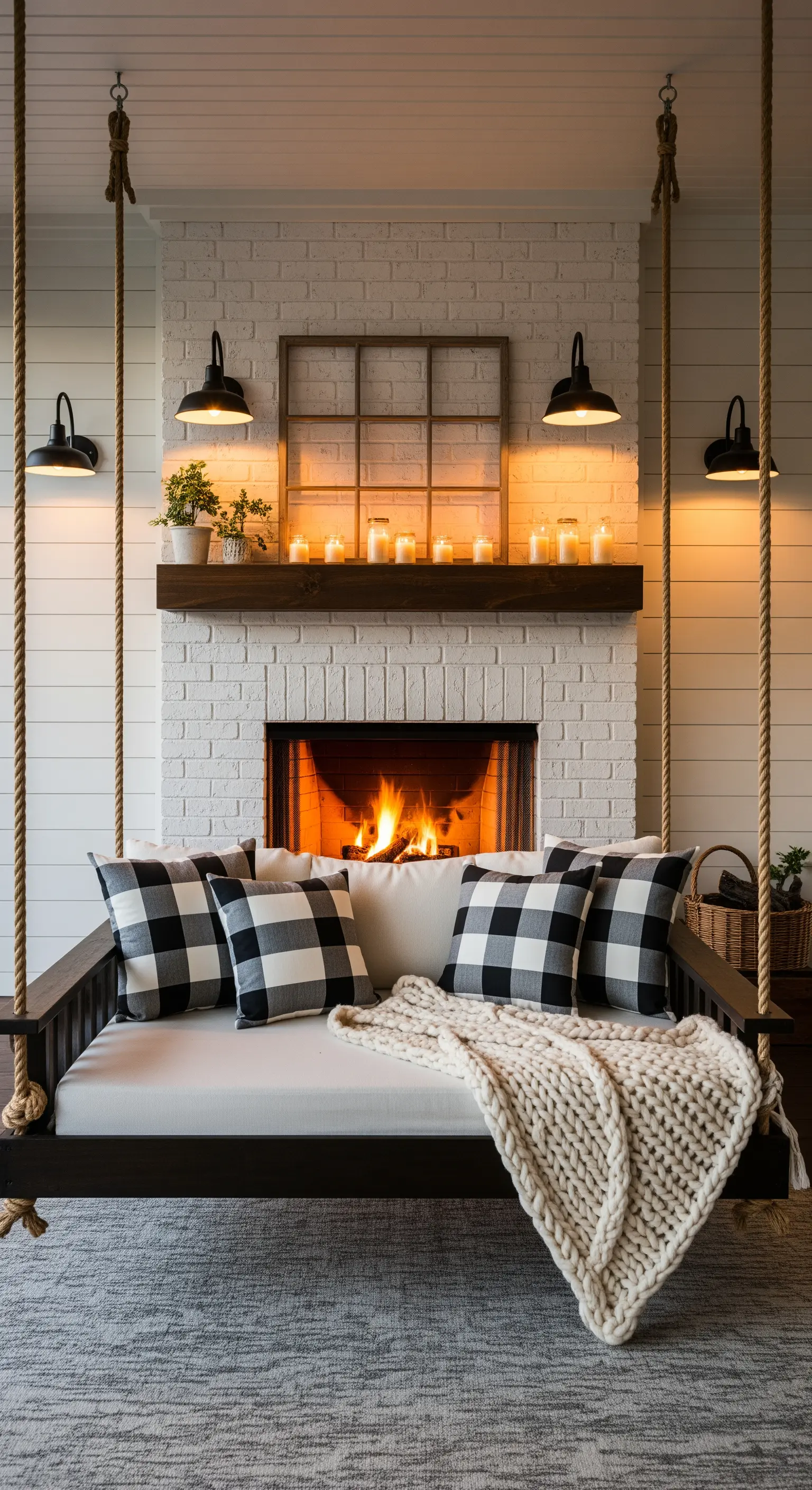 Dondolo sospeso con cuscini a quadri davanti a un camino in mattoni bianchi in un portico.