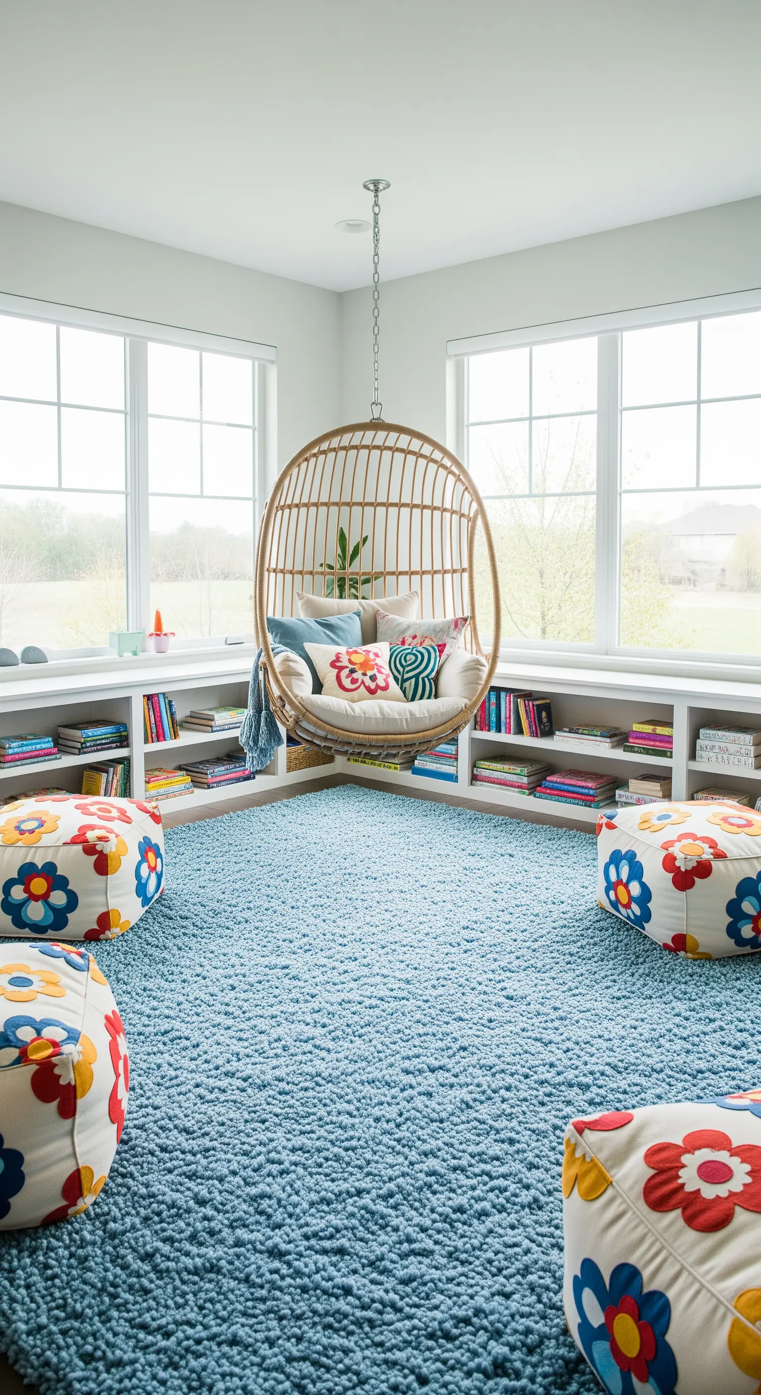 Angolo lettura con poltrona sospesa in rattan, librerie basse e pouf con stampe floreali.